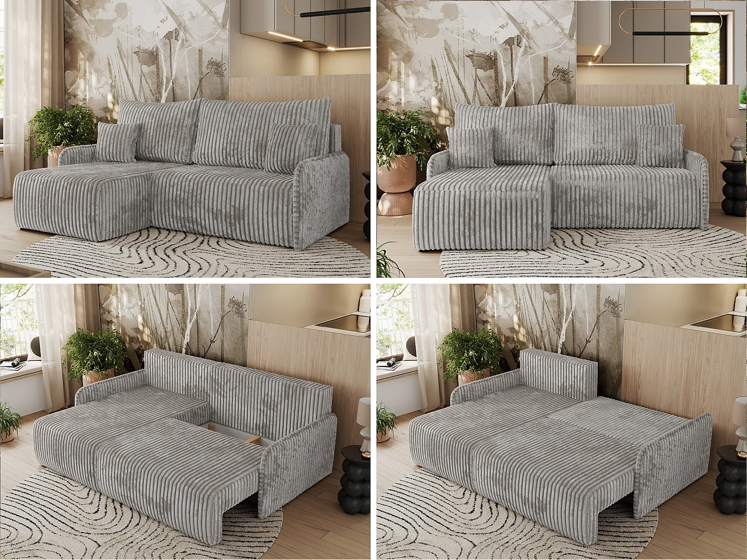 Ecksofa ARPA - L-form Schlaffsofa, Bettkasten und lose Kissen, Armlehnen - Grau Cord - Ecke Links