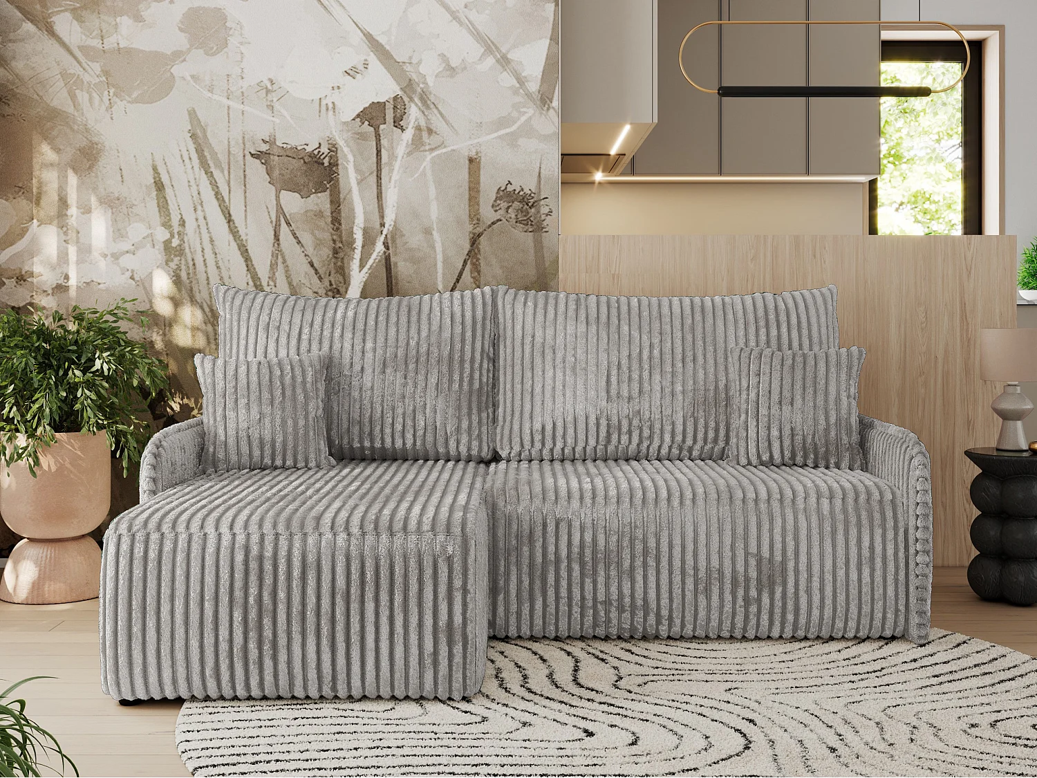 Ecksofa ARPA - L-form Schlaffsofa, Bettkasten und lose Kissen, Armlehnen - Grau Cord - Ecke Links