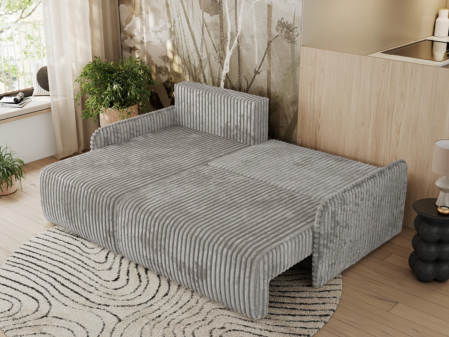 Ecksofa ARPA - L-form Schlaffsofa, Bettkasten und lose Kissen, Armlehnen - Grau Cord - Ecke Links