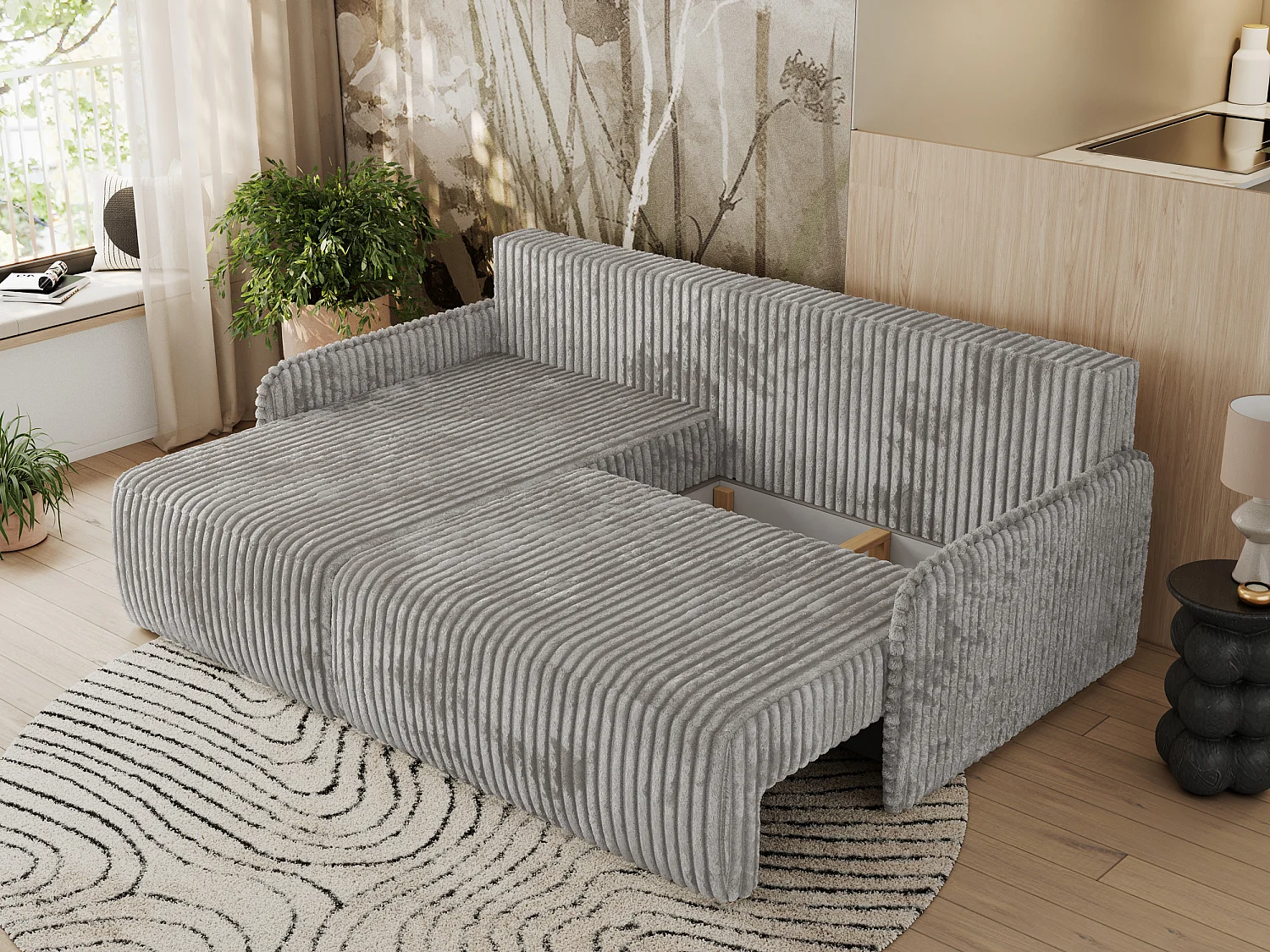 Ecksofa ARPA - L-form Schlaffsofa, Bettkasten und lose Kissen, Armlehnen - Grau Cord - Ecke Links