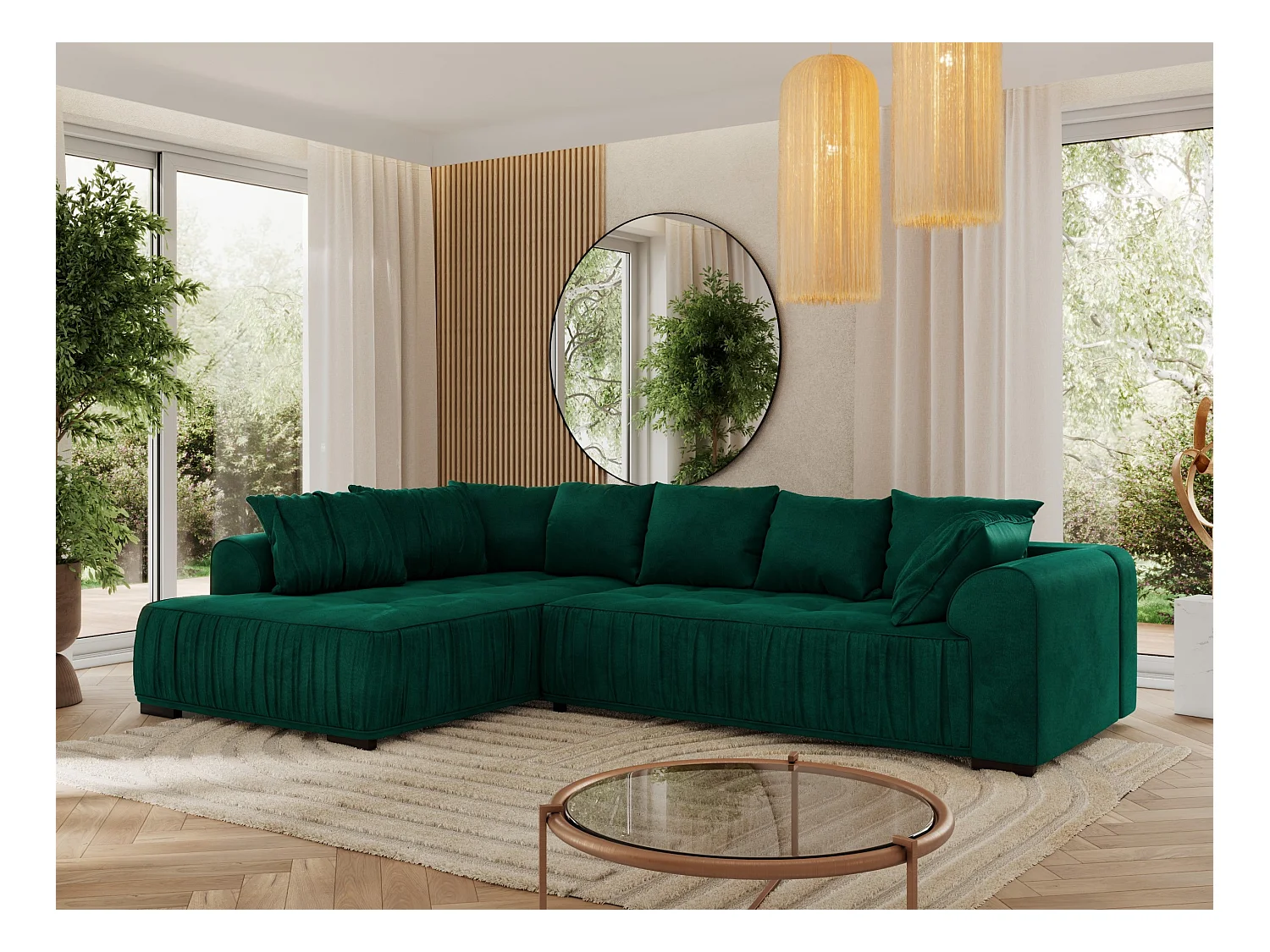 Ecksofa ORTA - Schlaffunktion und Bettkasten, lose Kissen, gesteppter Sitz, L-förmige Ecke - Dunkelgrün Velvet - Ecke Links