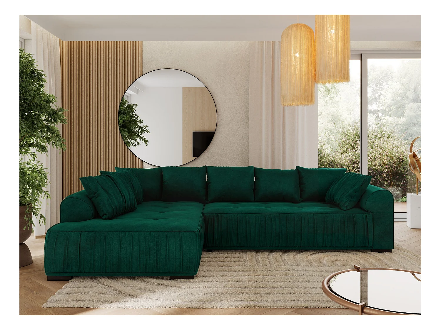 Ecksofa ORTA - Schlaffunktion und Bettkasten, lose Kissen, gesteppter Sitz, L-förmige Ecke - Dunkelgrün Velvet - Ecke Links