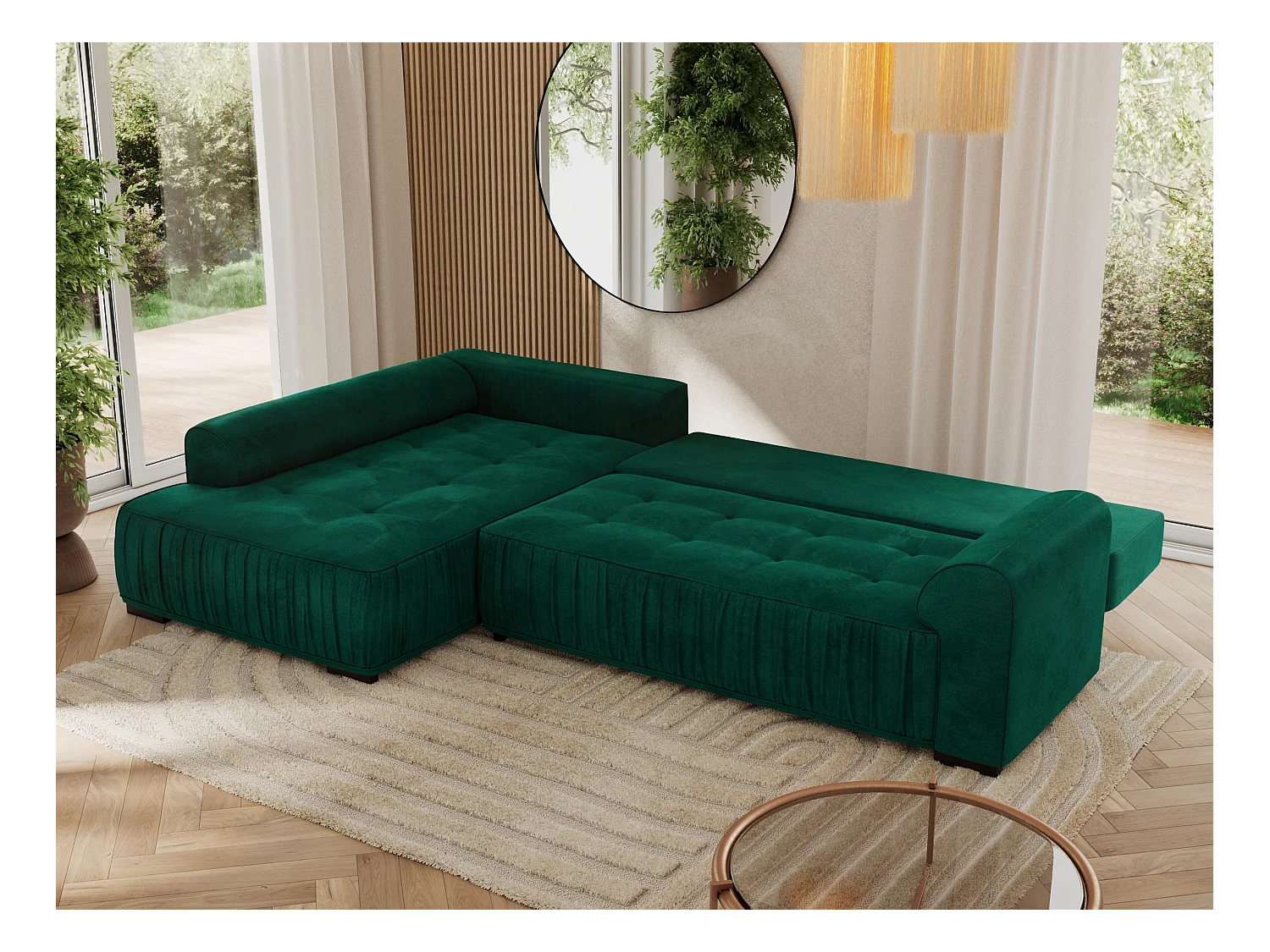 Ecksofa ORTA - Schlaffunktion und Bettkasten, lose Kissen, gesteppter Sitz, L-förmige Ecke - Dunkelgrün Velvet - Ecke Links