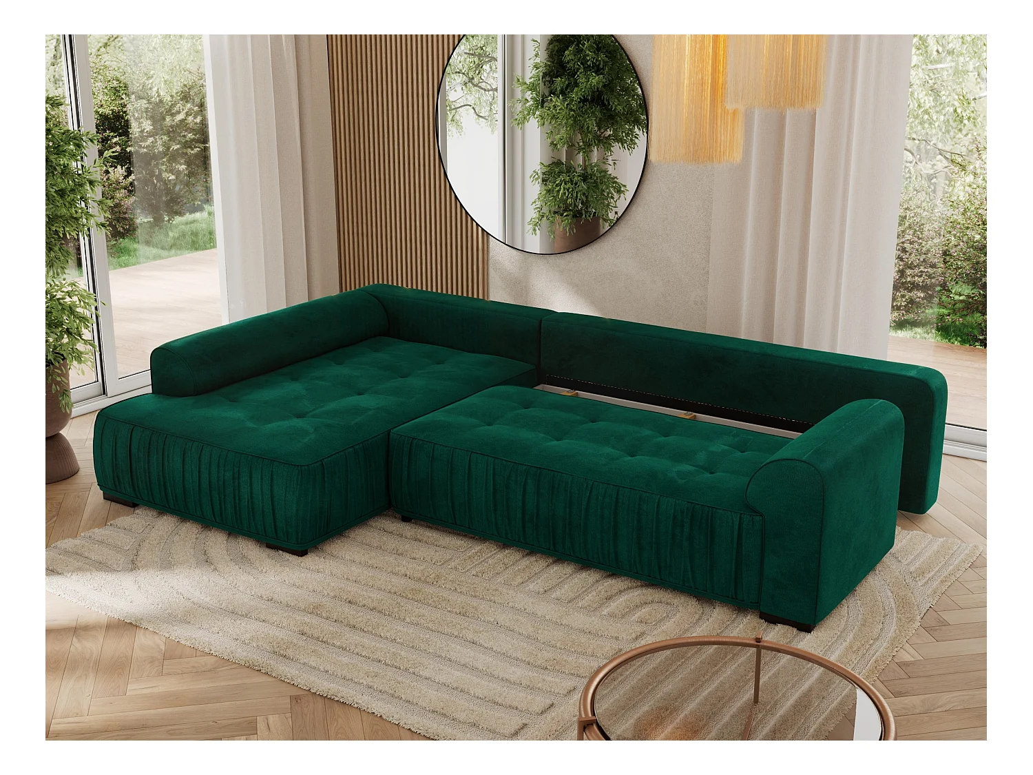 Ecksofa ORTA - Schlaffunktion und Bettkasten, lose Kissen, gesteppter Sitz, L-förmige Ecke - Dunkelgrün Velvet - Ecke Links