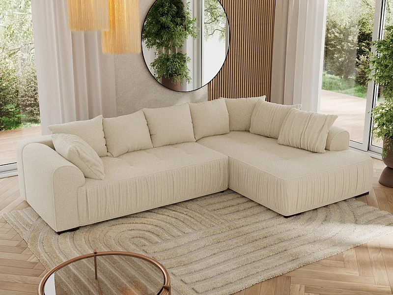 Ecksofa ORTA - Schlaffunktion und Bettkasten, lose Kissen, gesteppter Sitz, L-förmige Ecke - Beige Boucle - Ecke Rechts