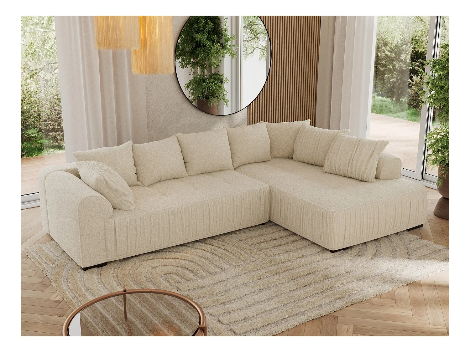 Ecksofa ORTA - Schlaffunktion und Bettkasten, lose Kissen, gesteppter Sitz, L-förmige Ecke - Beige Boucle - Ecke Rechts