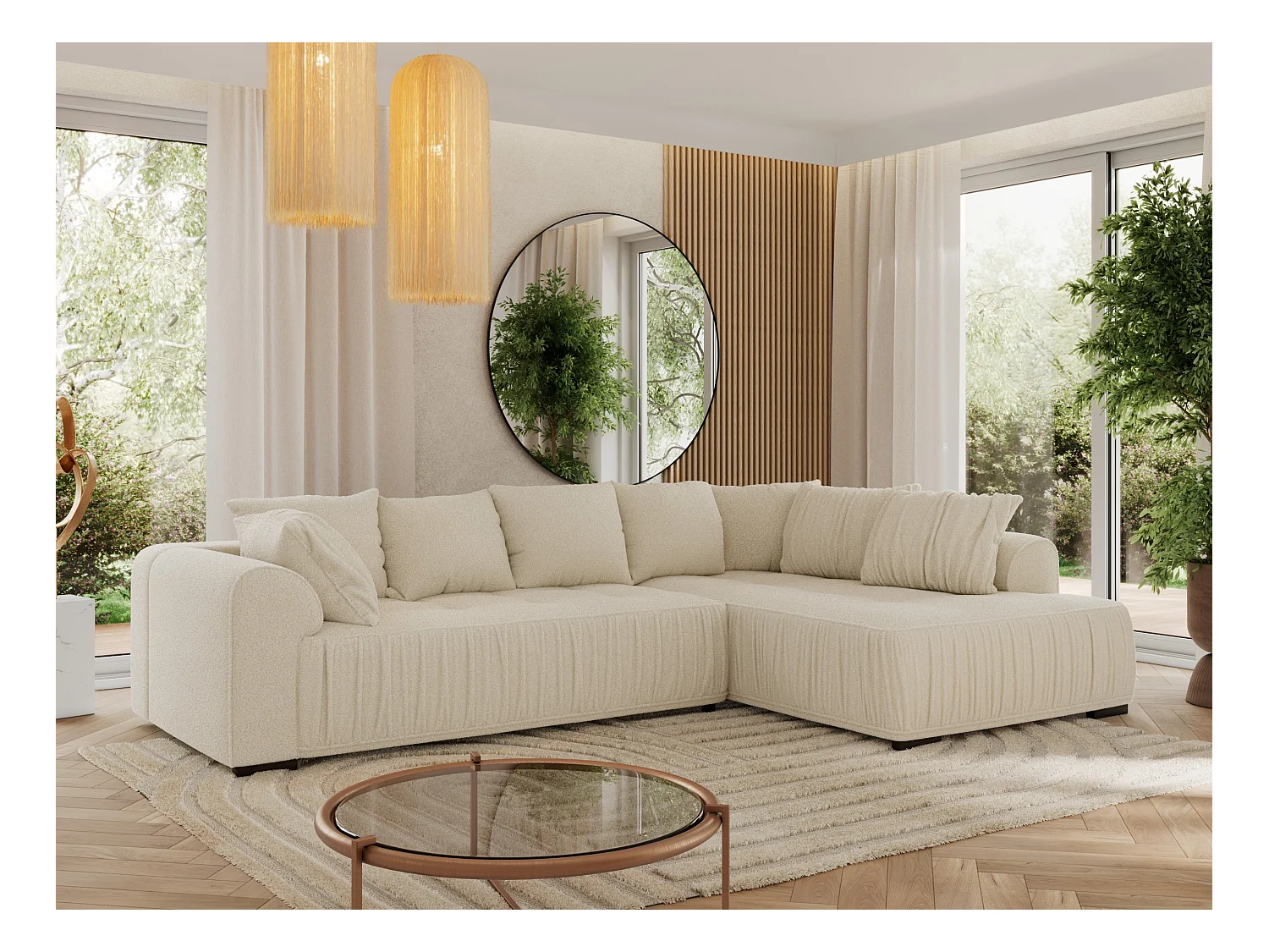 Ecksofa ORTA - Schlaffunktion und Bettkasten, lose Kissen, gesteppter Sitz, L-förmige Ecke - Beige Boucle - Ecke Rechts