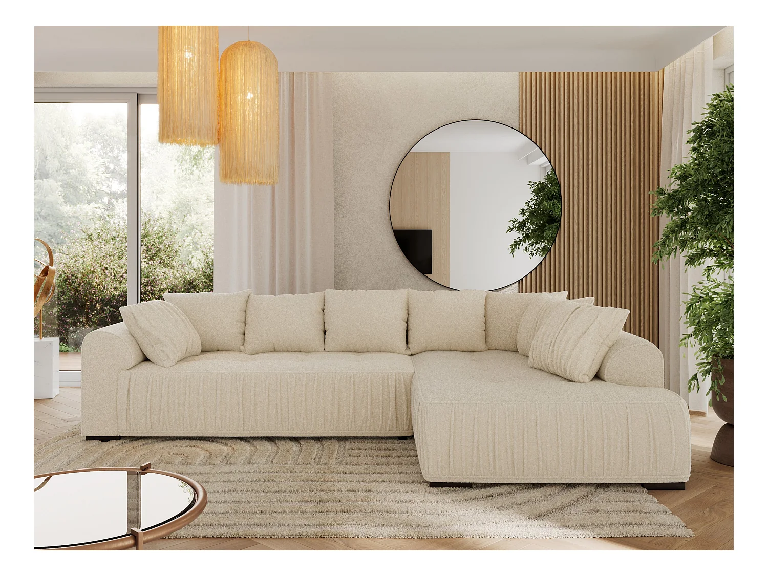 Ecksofa ORTA - Schlaffunktion und Bettkasten, lose Kissen, gesteppter Sitz, L-förmige Ecke - Beige Boucle - Ecke Rechts