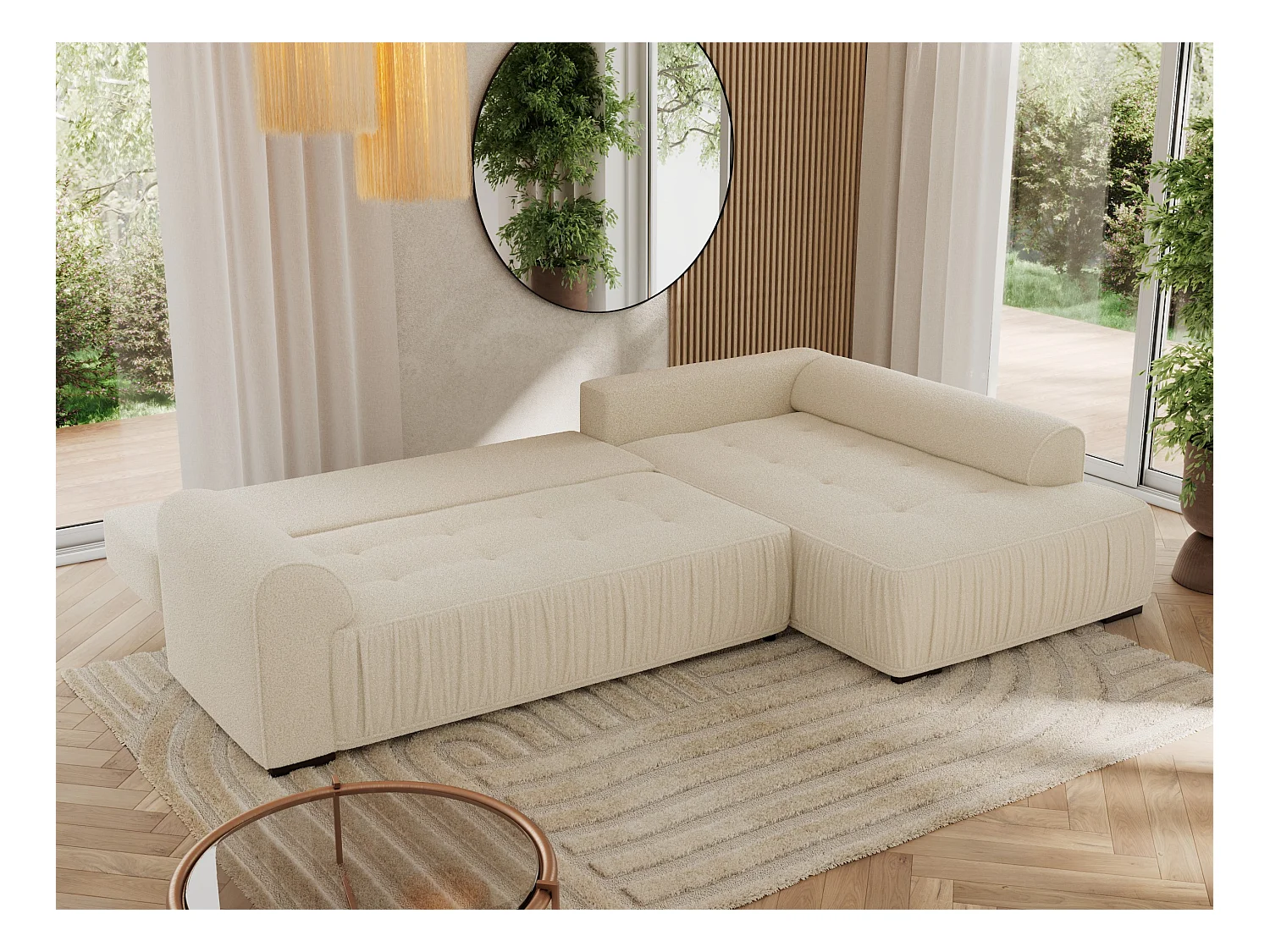 Ecksofa ORTA - Schlaffunktion und Bettkasten, lose Kissen, gesteppter Sitz, L-förmige Ecke - Beige Boucle - Ecke Rechts