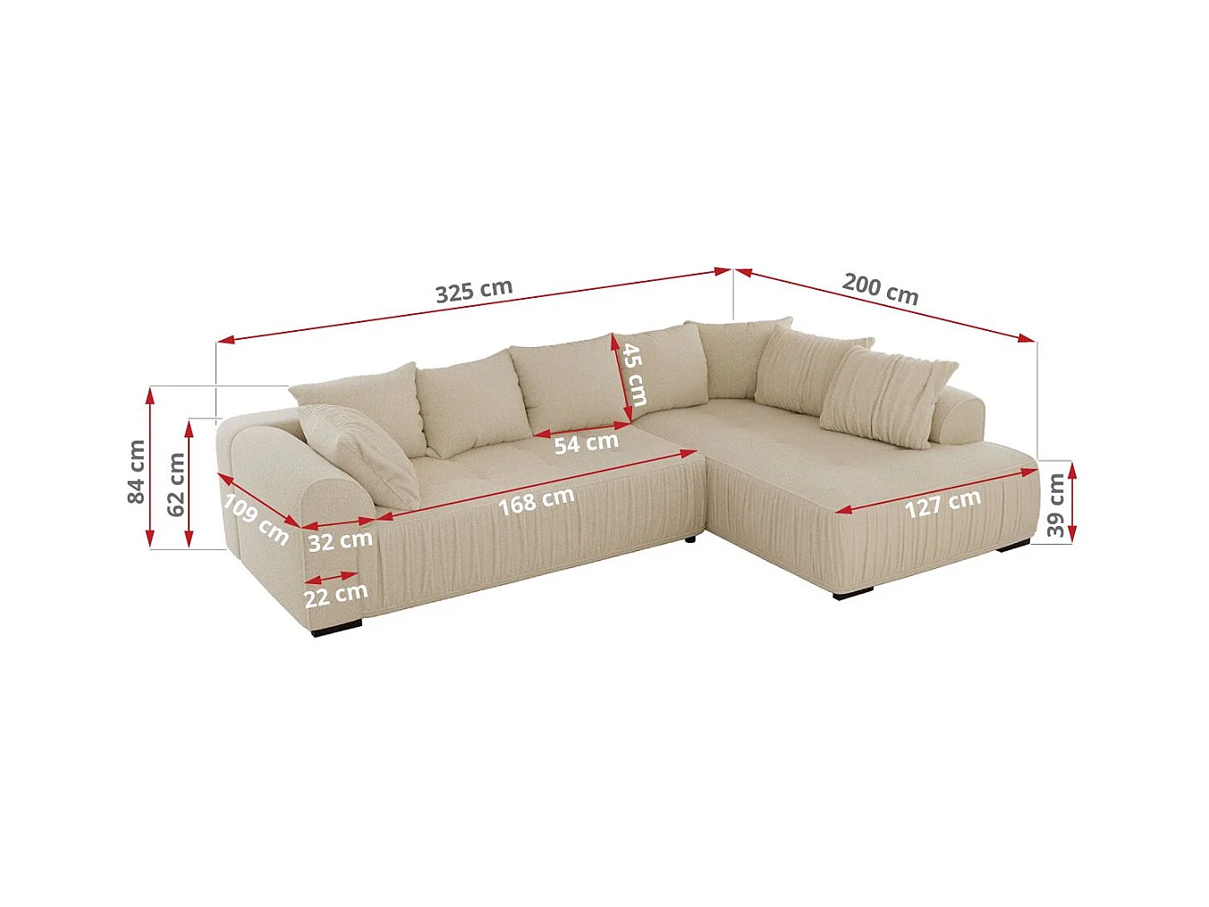 Ecksofa ORTA - Schlaffunktion und Bettkasten, lose Kissen, gesteppter Sitz, L-förmige Ecke - Beige Boucle - Ecke Rechts