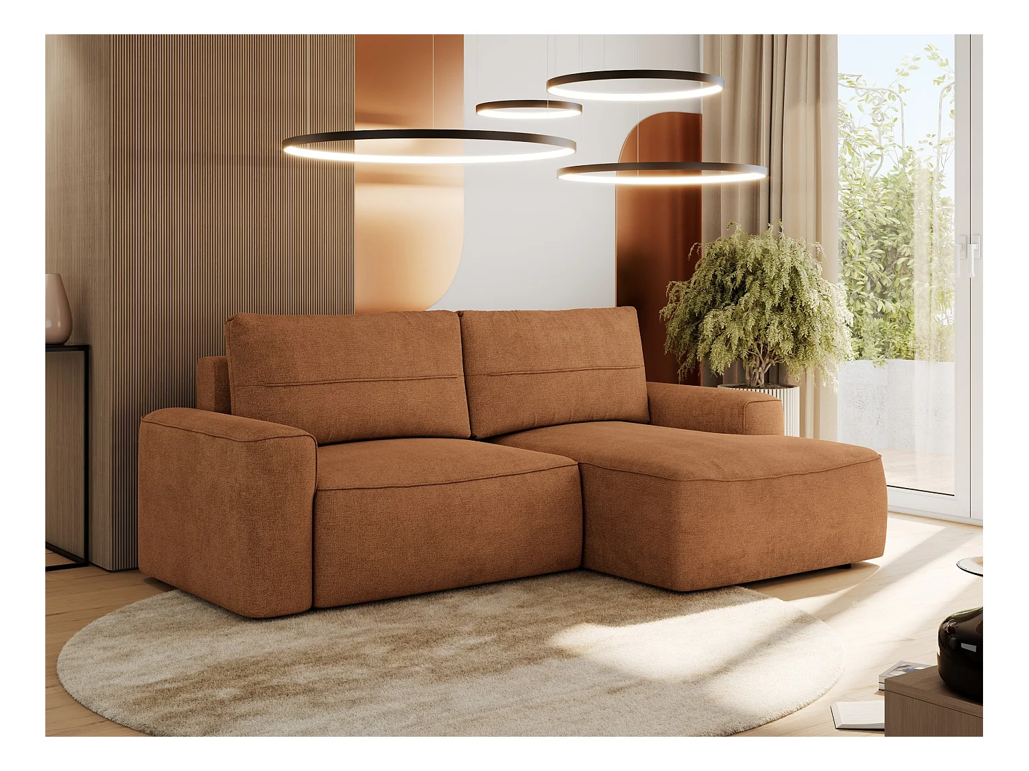 Ecksofa BELLUNO - Schlafsofa mit Bettkasten, Armlehnen, Couch L-form mit Schlaffunktion - Orange Strukture - Ecke Rechts
