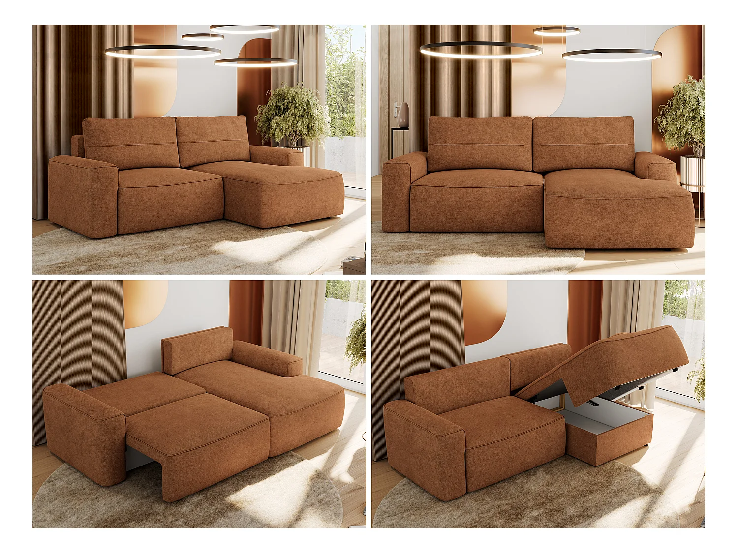 Ecksofa BELLUNO - Schlafsofa mit Bettkasten, Armlehnen, Couch L-form mit Schlaffunktion - Orange Strukture - Ecke Rechts