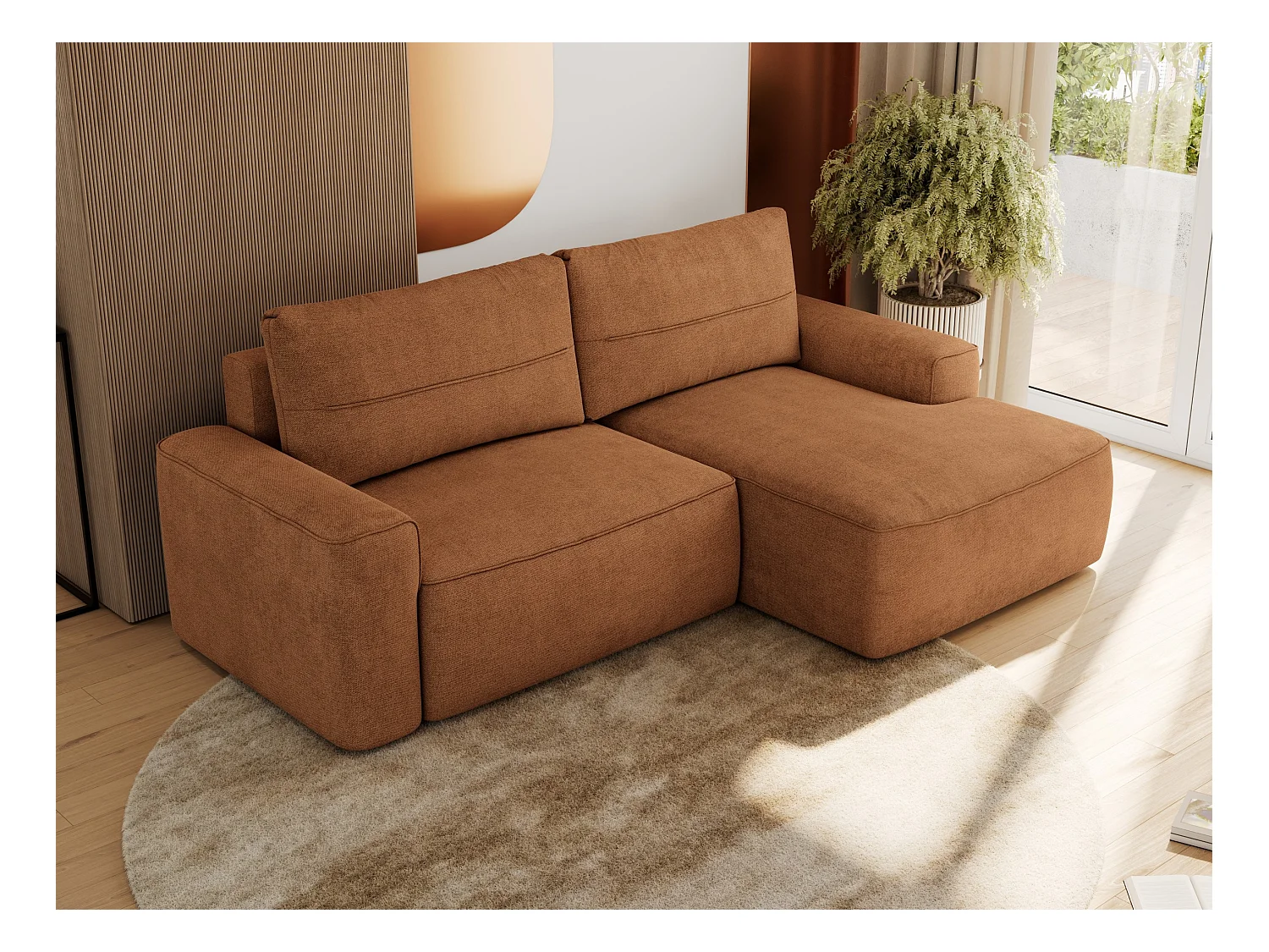 Ecksofa BELLUNO - Schlafsofa mit Bettkasten, Armlehnen, Couch L-form mit Schlaffunktion - Orange Strukture - Ecke Rechts