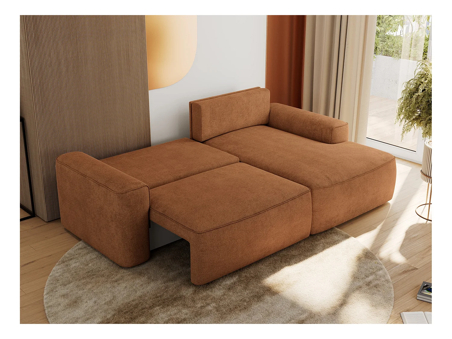Ecksofa BELLUNO - Schlafsofa mit Bettkasten, Armlehnen, Couch L-form mit Schlaffunktion - Orange Strukture - Ecke Rechts