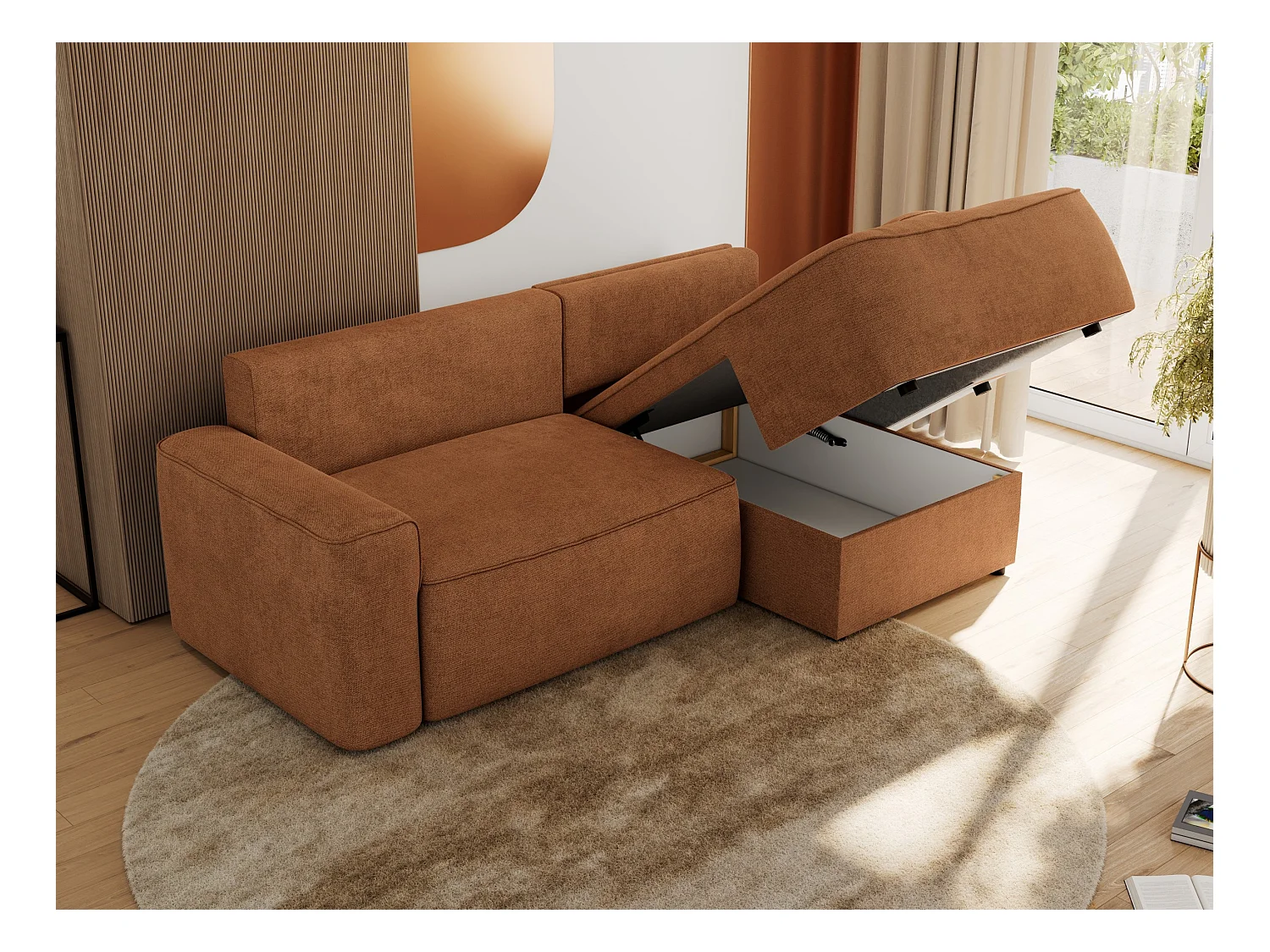 Ecksofa BELLUNO - Schlafsofa mit Bettkasten, Armlehnen, Couch L-form mit Schlaffunktion - Orange Strukture - Ecke Rechts