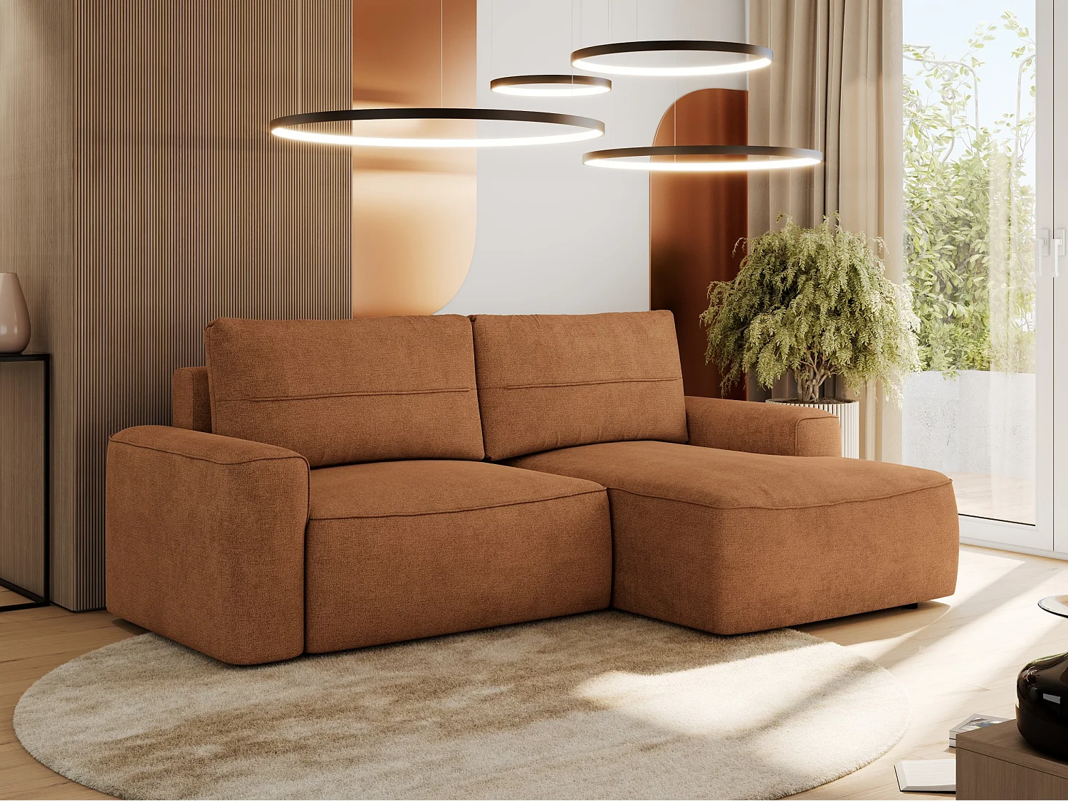 Ecksofa BELLUNO - Schlafsofa mit Bettkasten, Armlehnen, Couch L-form mit Schlaffunktion - Orange Strukture - Ecke Rechts