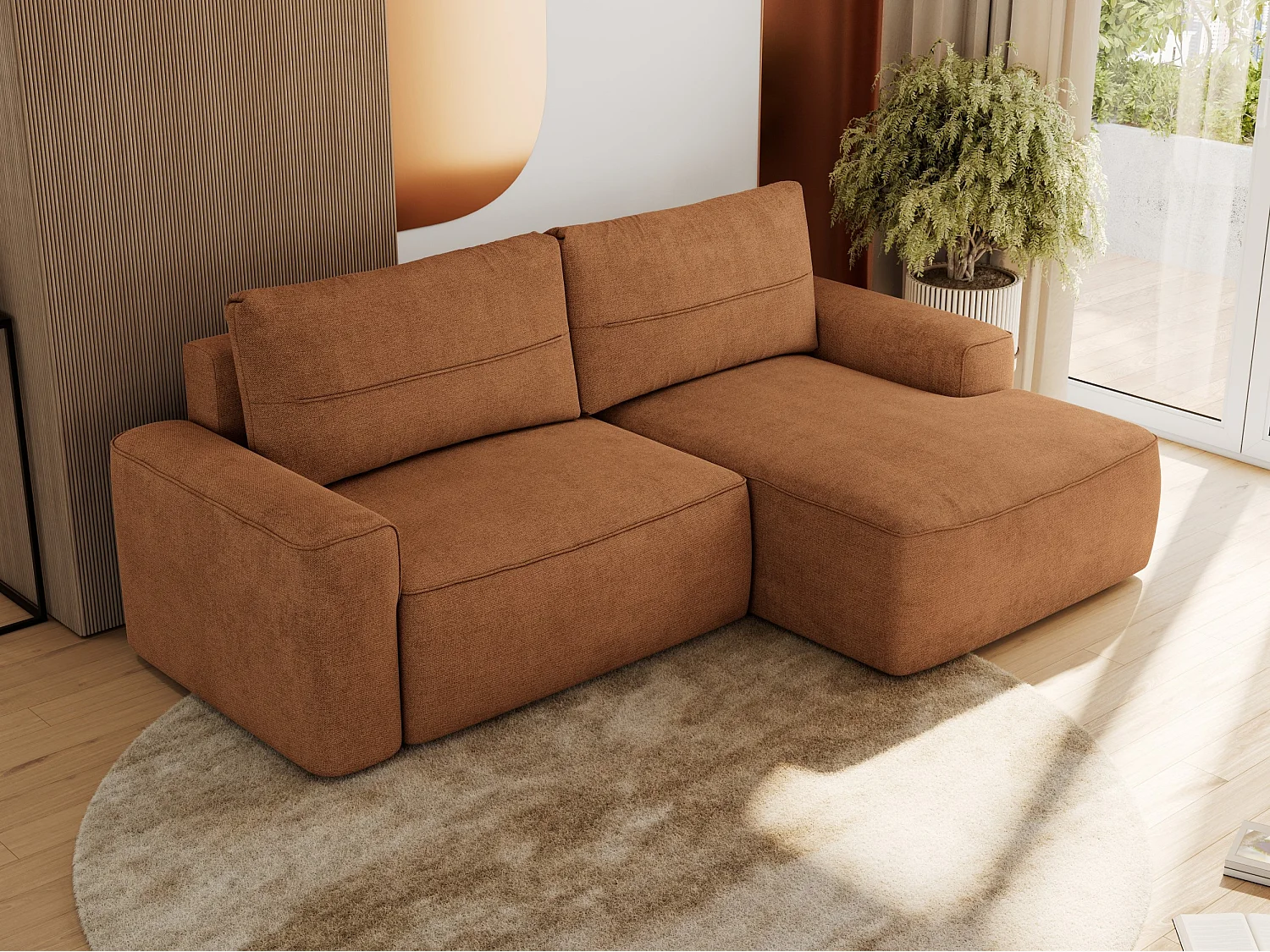 Ecksofa BELLUNO - Schlafsofa mit Bettkasten, Armlehnen, Couch L-form mit Schlaffunktion - Orange Strukture - Ecke Rechts