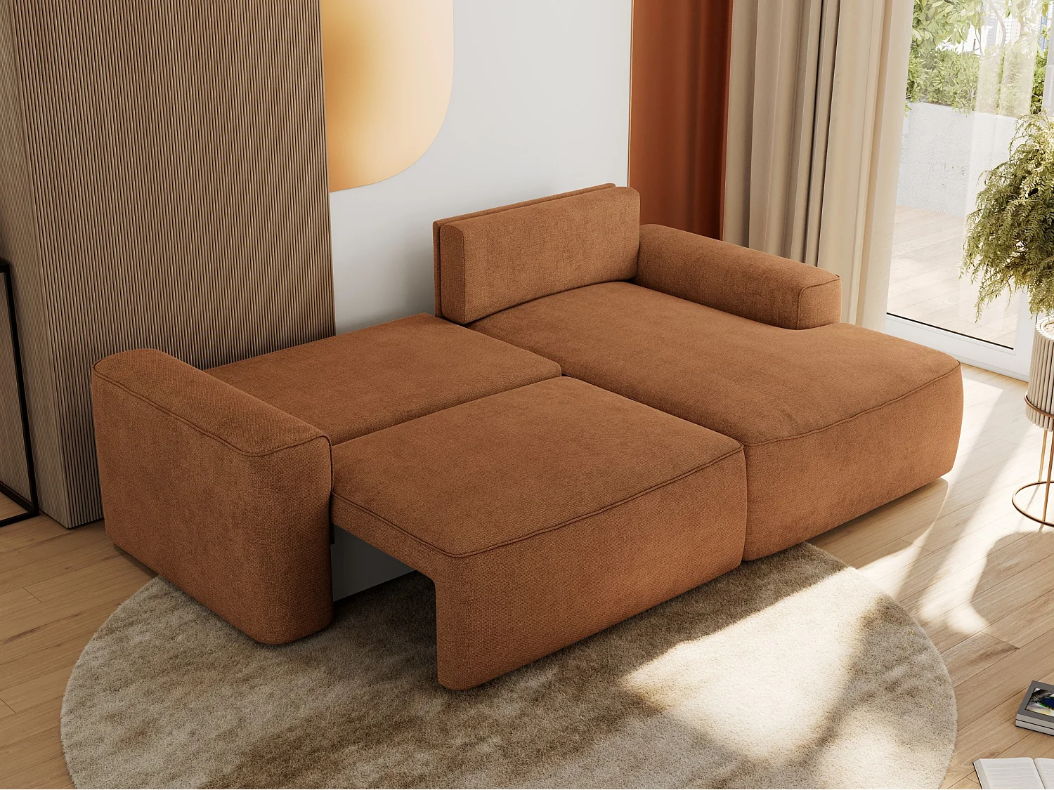 Ecksofa BELLUNO - Schlafsofa mit Bettkasten, Armlehnen, Couch L-form mit Schlaffunktion - Orange Strukture - Ecke Rechts