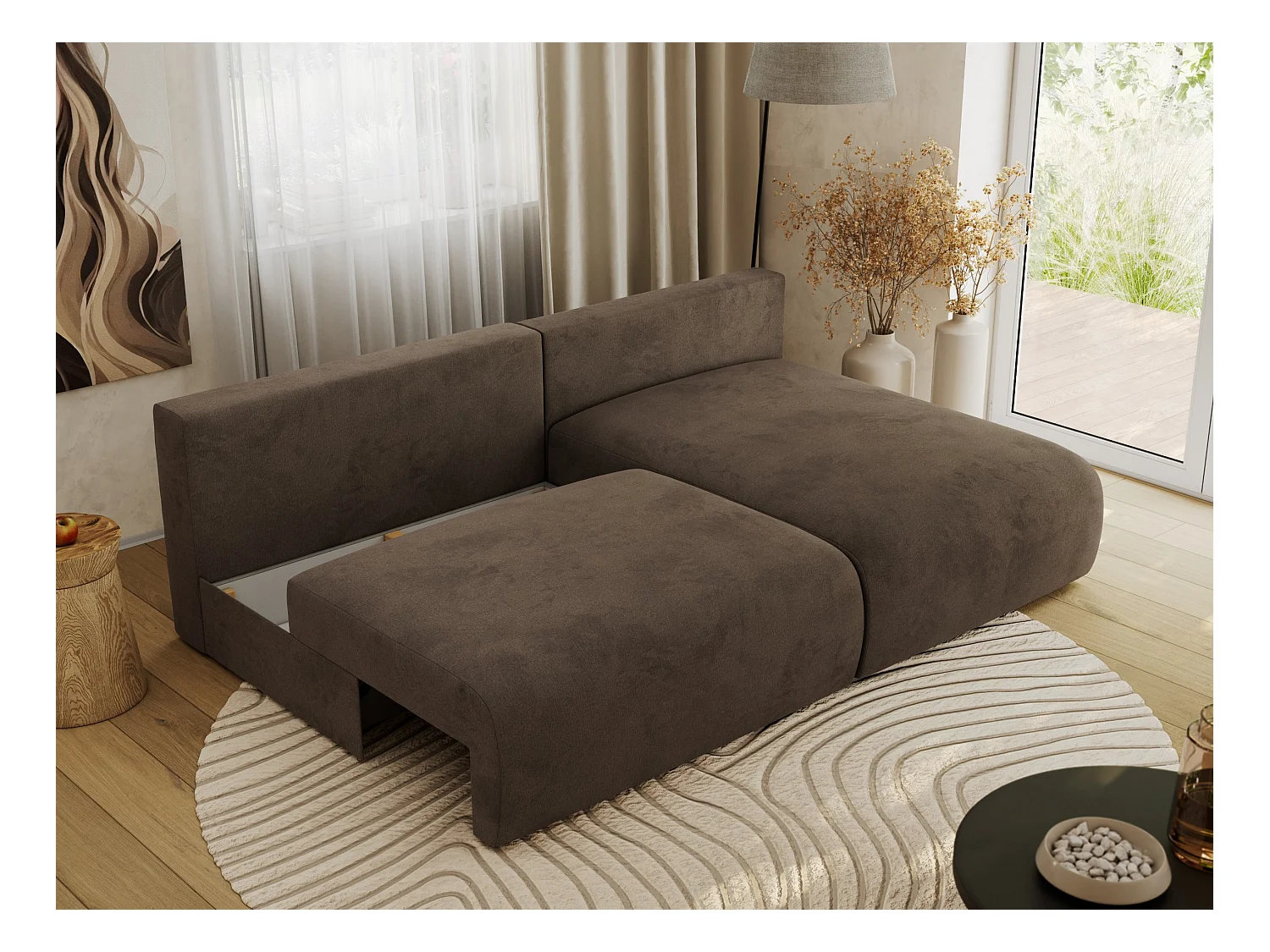 Ecksofa VIVO - L-form Couch mit Schlaffunktion und Bettkasten, Wellenfeder - Braun Velvet - Ecke Rechts