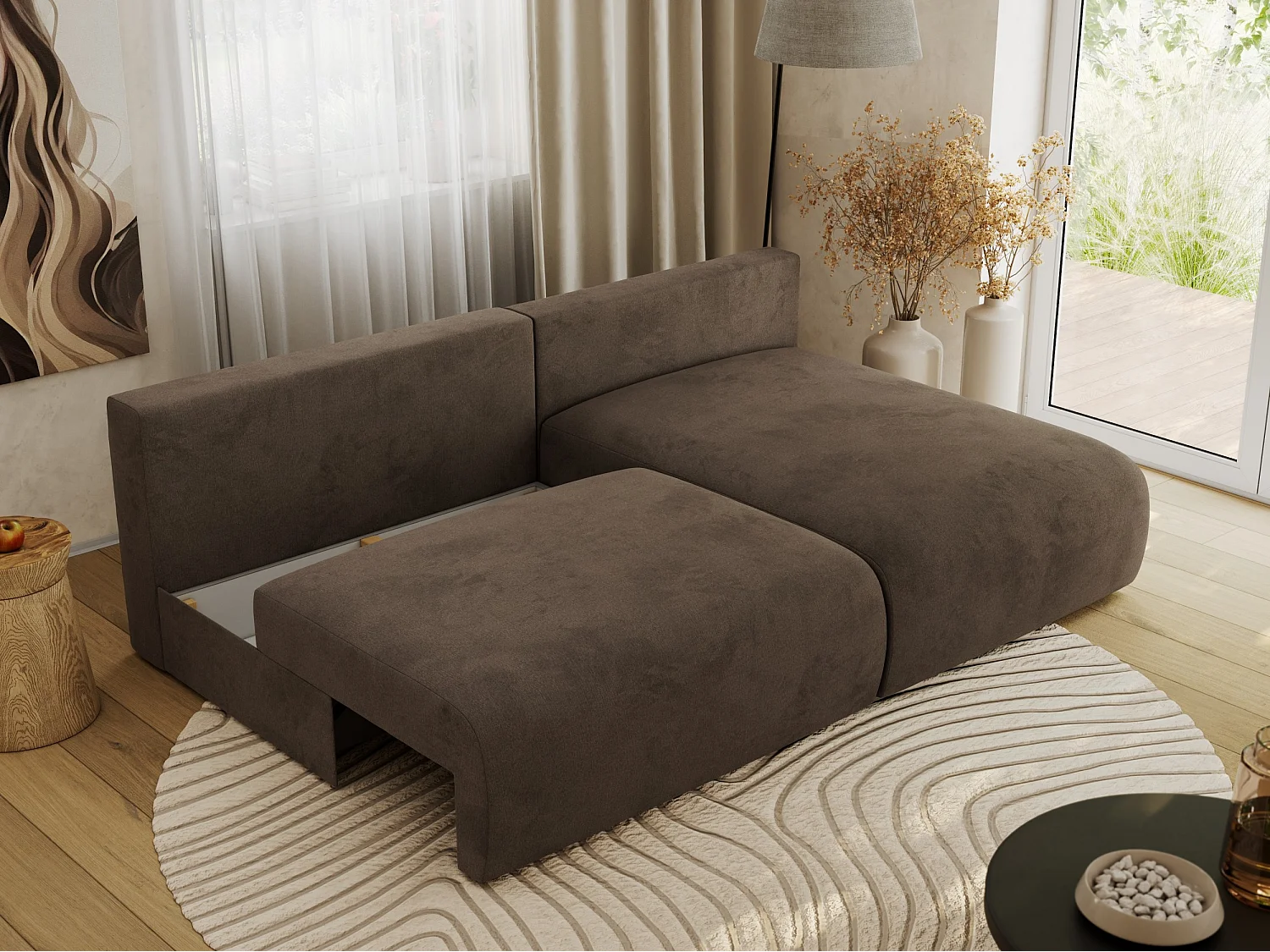 Ecksofa VIVO - L-form Couch mit Schlaffunktion und Bettkasten, Wellenfeder - Braun Velvet - Ecke Rechts