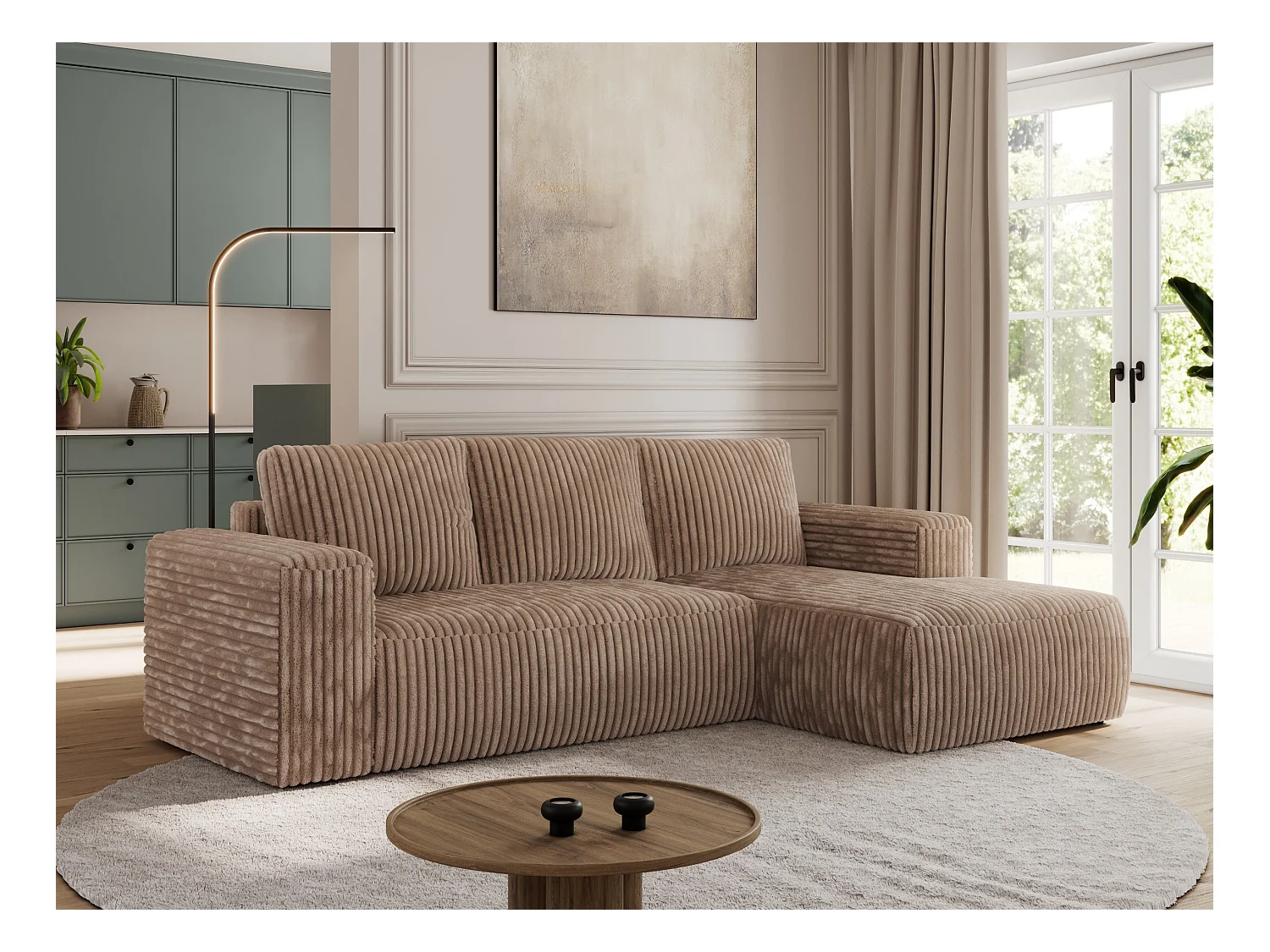 Ecksofa TRENTINO - mit Schlaffunktion und Bettkasten, L-form Couch, lose Kissen und Armlehnen - Braun Cord - Ecke Rechts