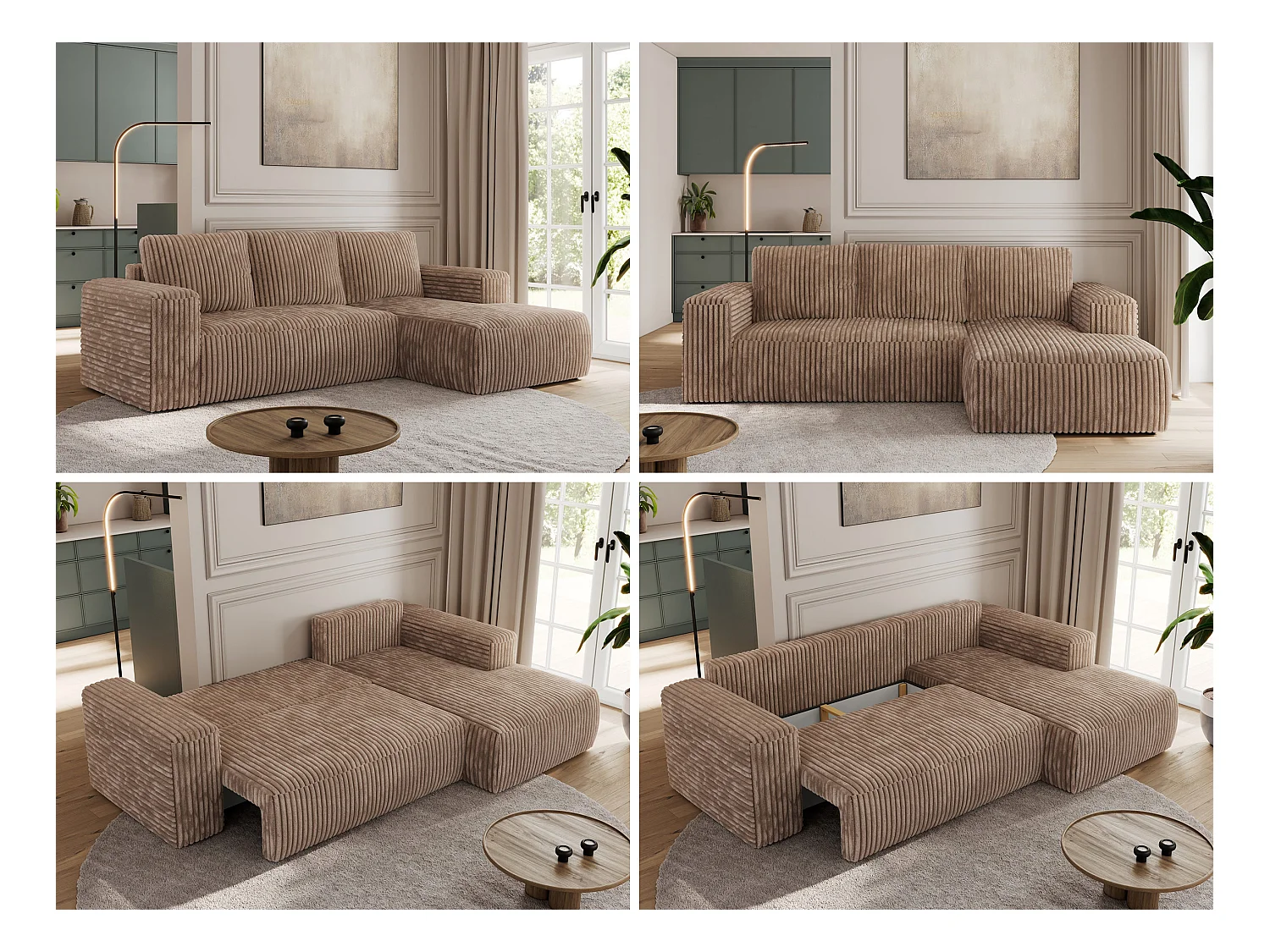 Ecksofa TRENTINO - mit Schlaffunktion und Bettkasten, L-form Couch, lose Kissen und Armlehnen - Braun Cord - Ecke Rechts