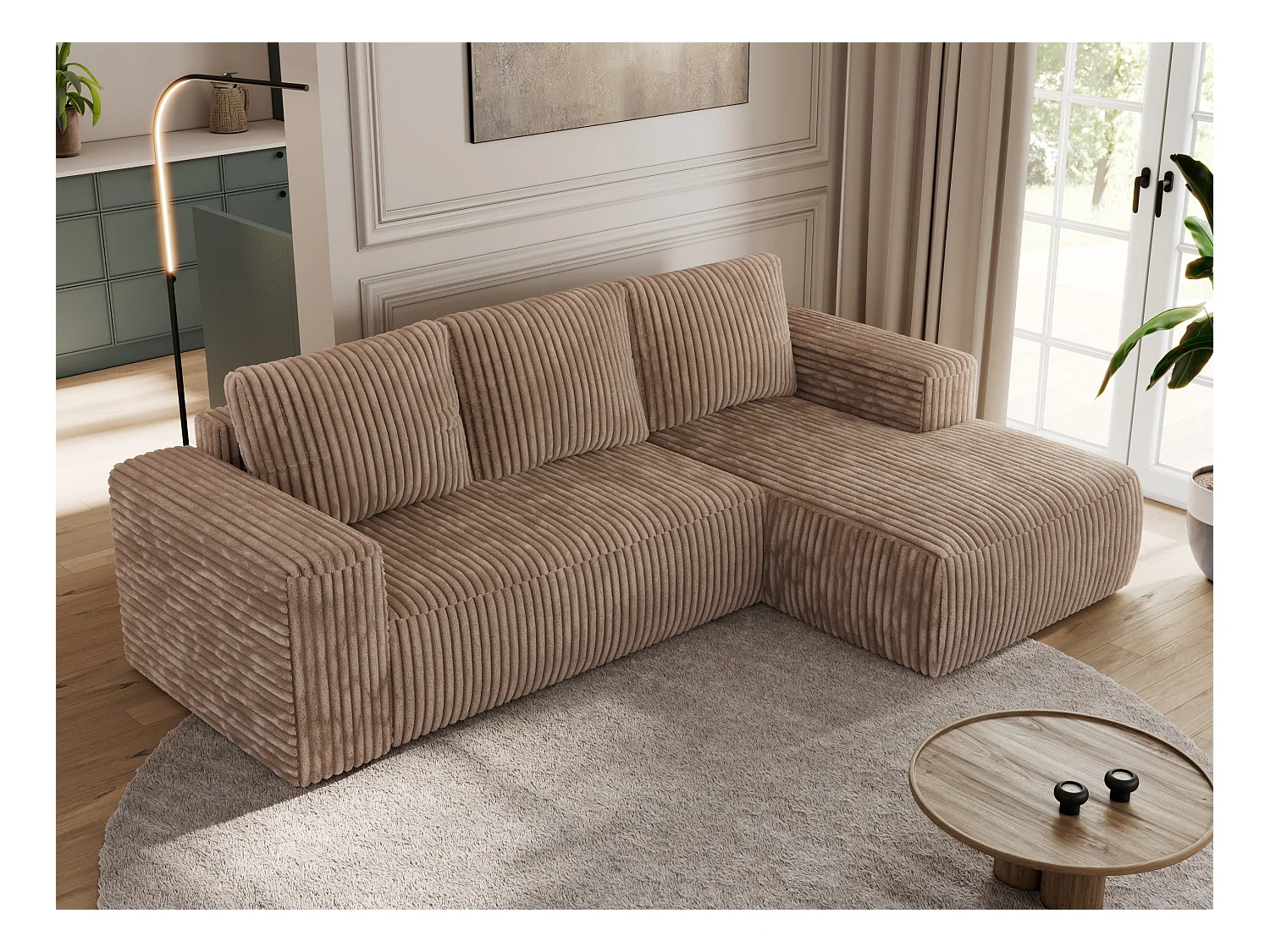 Ecksofa TRENTINO - mit Schlaffunktion und Bettkasten, L-form Couch, lose Kissen und Armlehnen - Braun Cord - Ecke Rechts