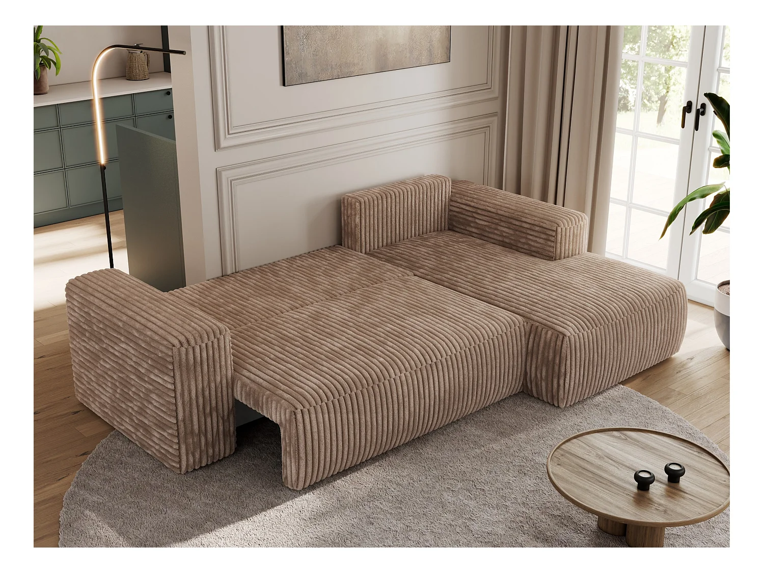 Ecksofa TRENTINO - mit Schlaffunktion und Bettkasten, L-form Couch, lose Kissen und Armlehnen - Braun Cord - Ecke Rechts