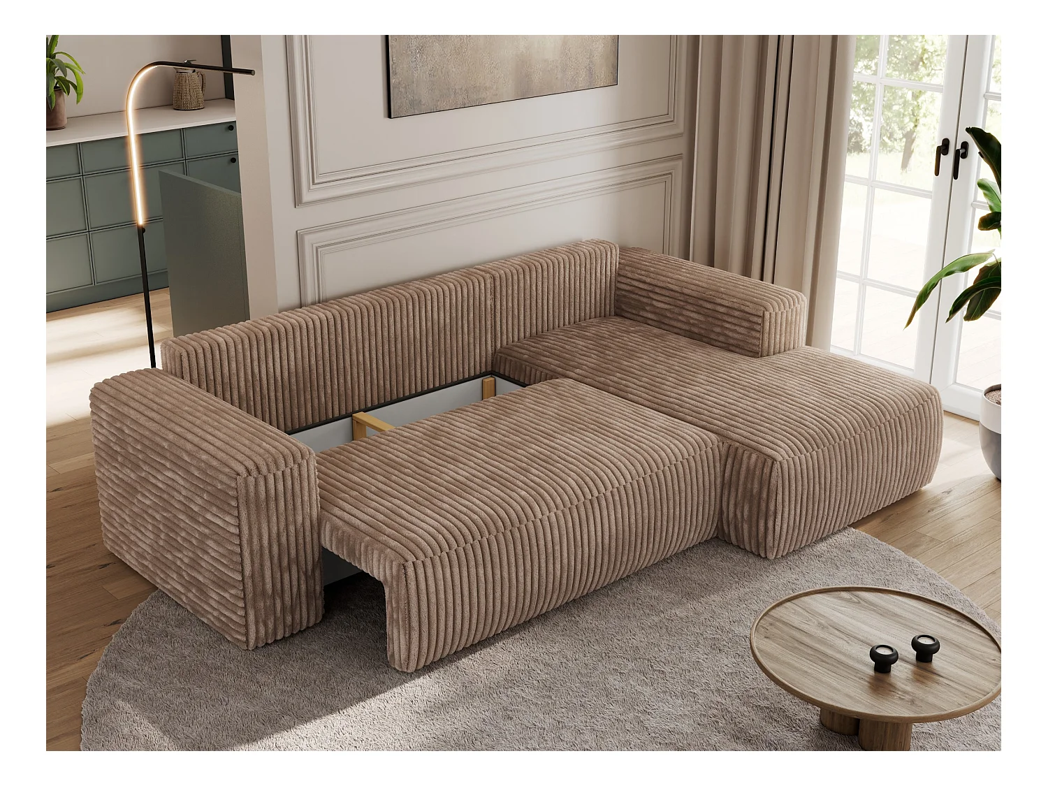 Ecksofa TRENTINO - mit Schlaffunktion und Bettkasten, L-form Couch, lose Kissen und Armlehnen - Braun Cord - Ecke Rechts