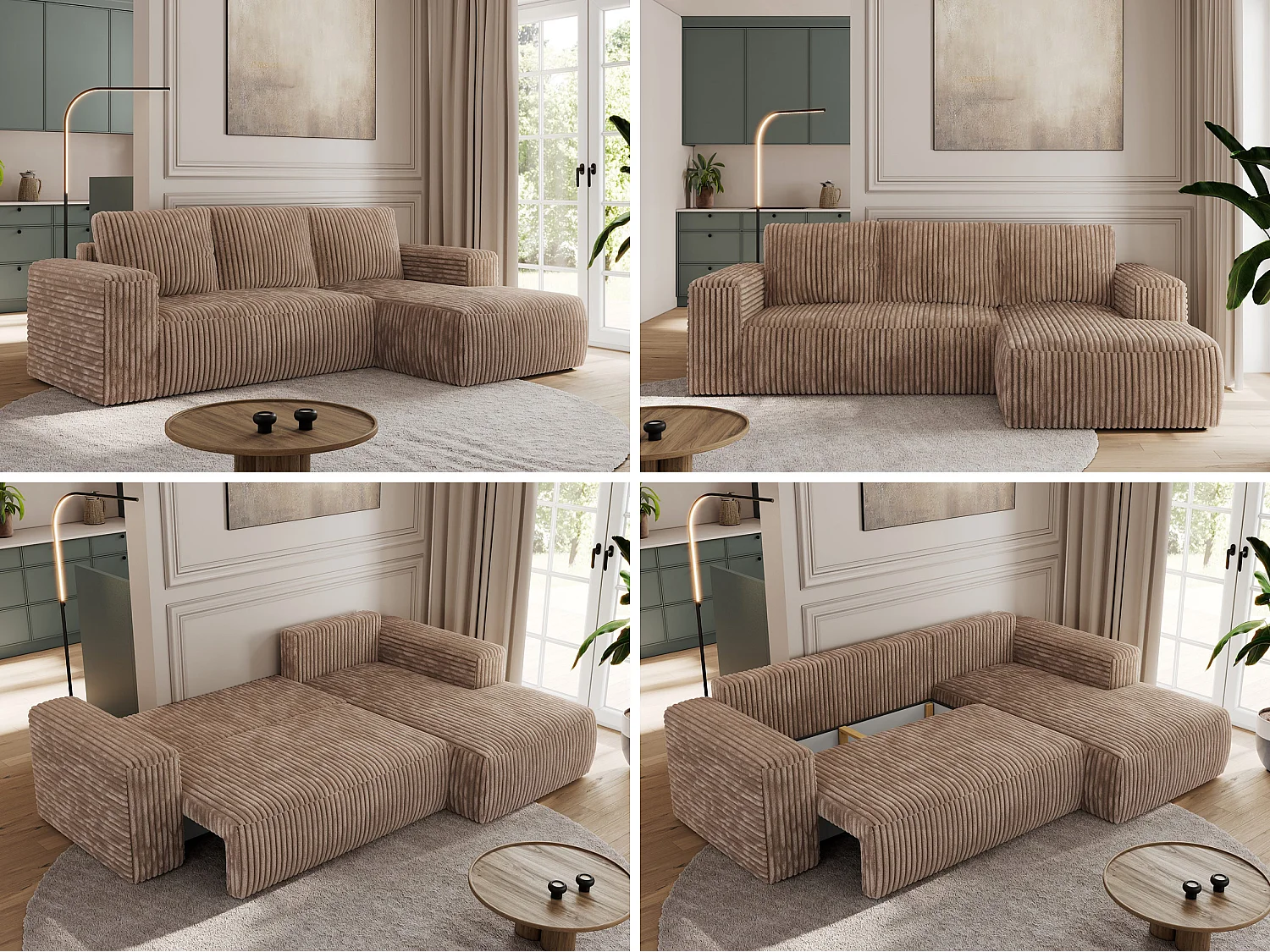 Ecksofa TRENTINO - mit Schlaffunktion und Bettkasten, L-form Couch, lose Kissen und Armlehnen - Braun Cord - Ecke Rechts