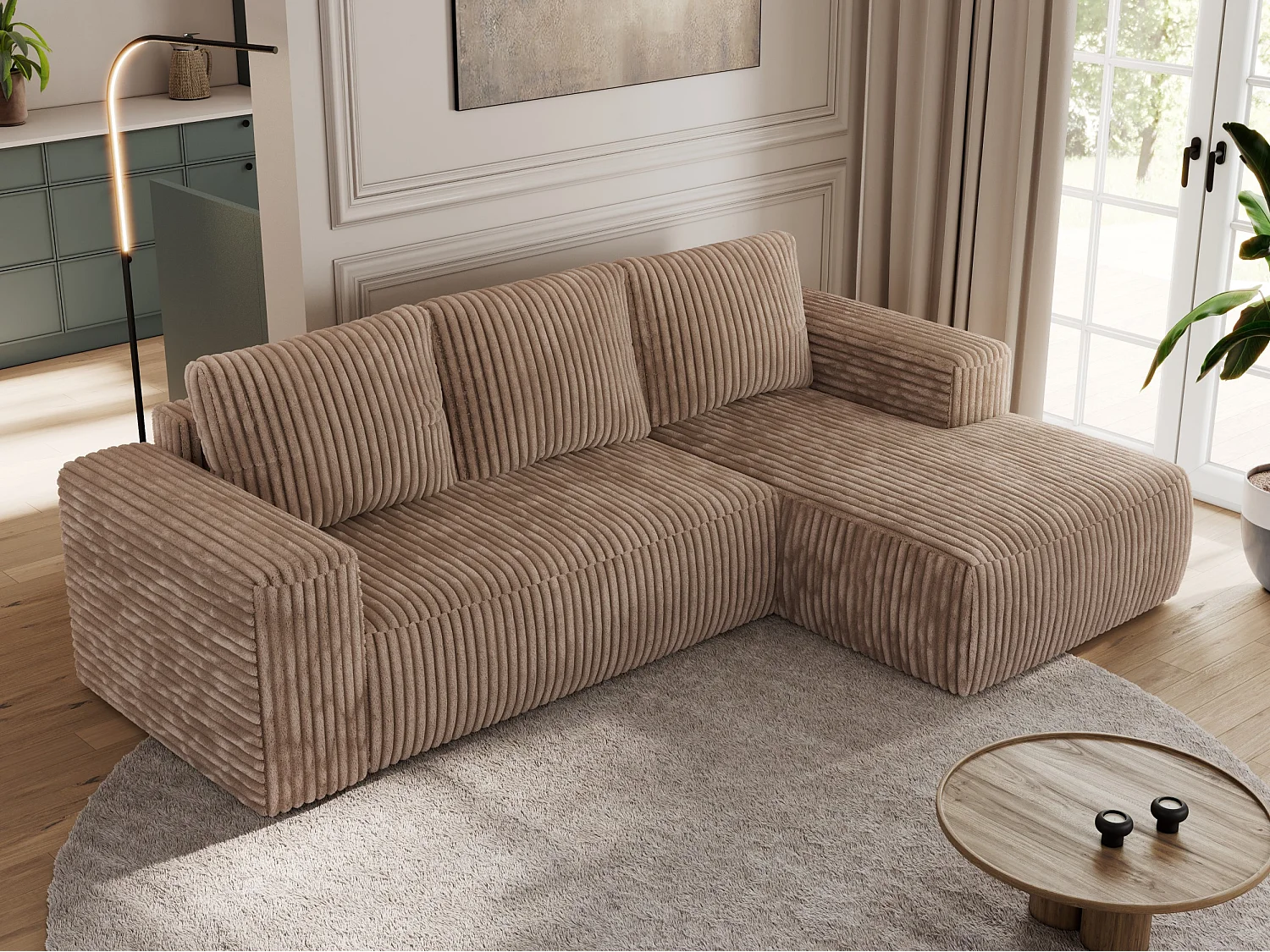 Ecksofa TRENTINO - mit Schlaffunktion und Bettkasten, L-form Couch, lose Kissen und Armlehnen - Braun Cord - Ecke Rechts