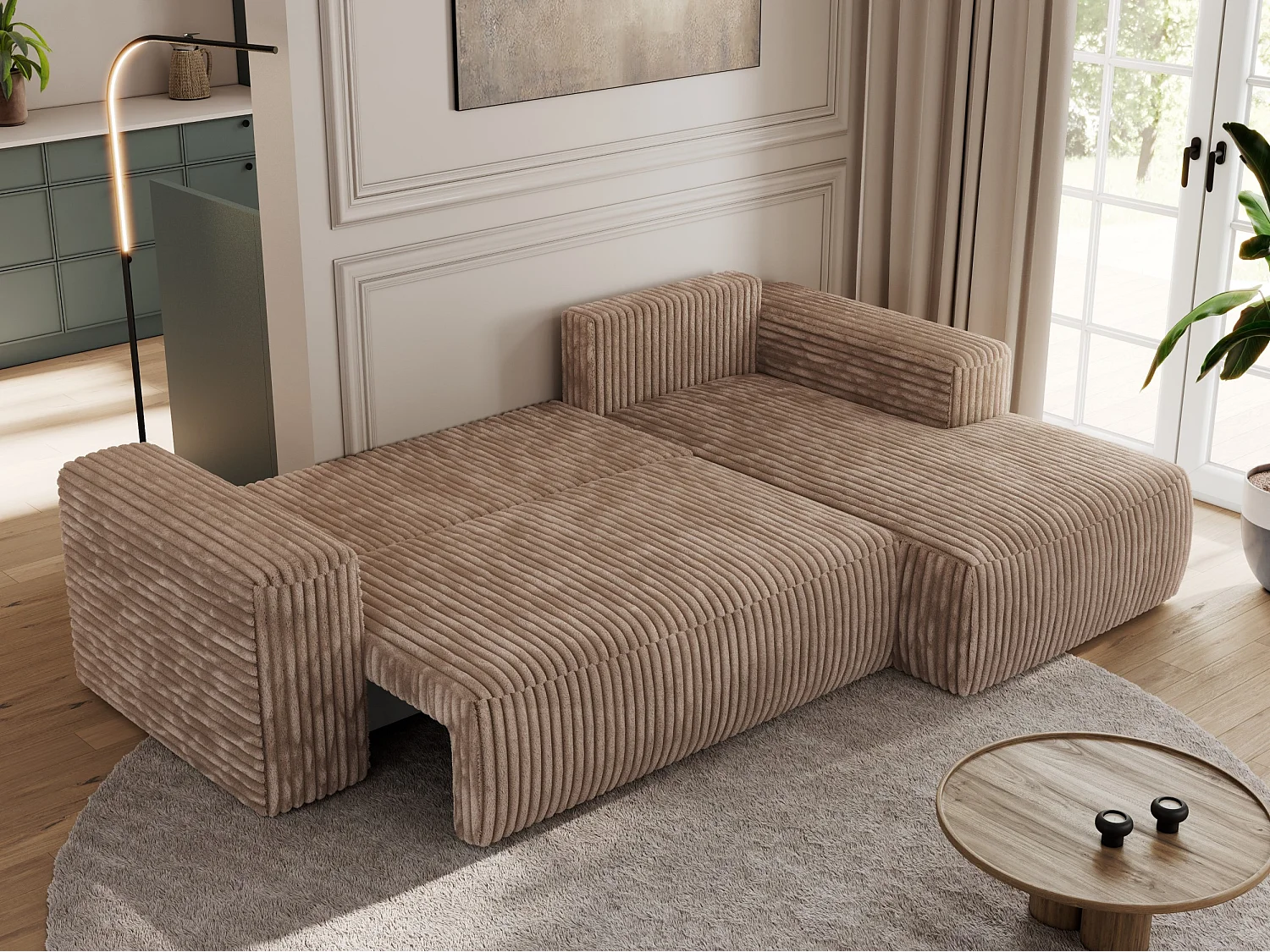 Ecksofa TRENTINO - mit Schlaffunktion und Bettkasten, L-form Couch, lose Kissen und Armlehnen - Braun Cord - Ecke Rechts