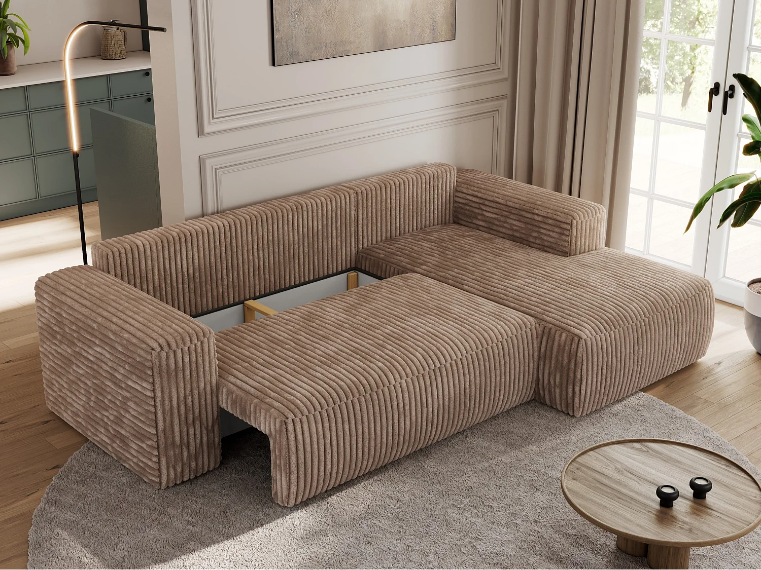 Ecksofa TRENTINO - mit Schlaffunktion und Bettkasten, L-form Couch, lose Kissen und Armlehnen - Braun Cord - Ecke Rechts