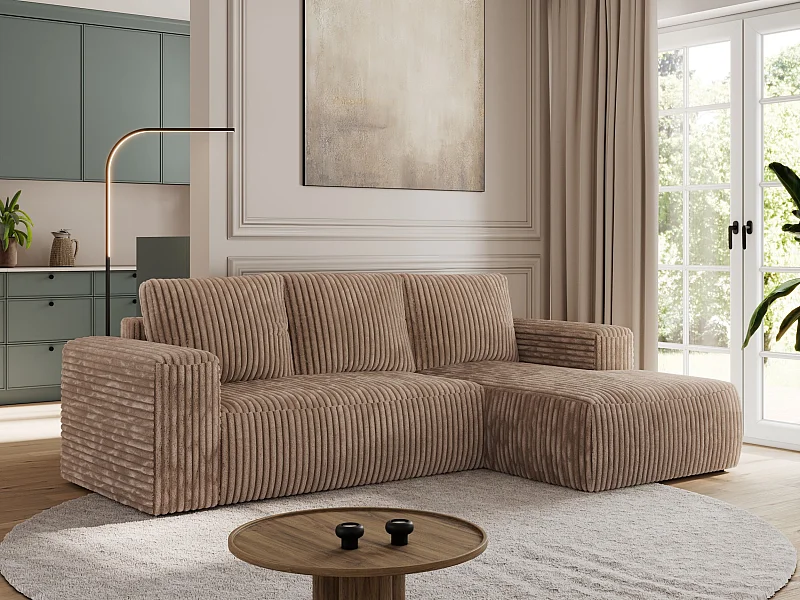 Ecksofa TRENTINO - mit Schlaffunktion und Bettkasten, L-form Couch, lose Kissen und Armlehnen - Braun Cord - Ecke Rechts