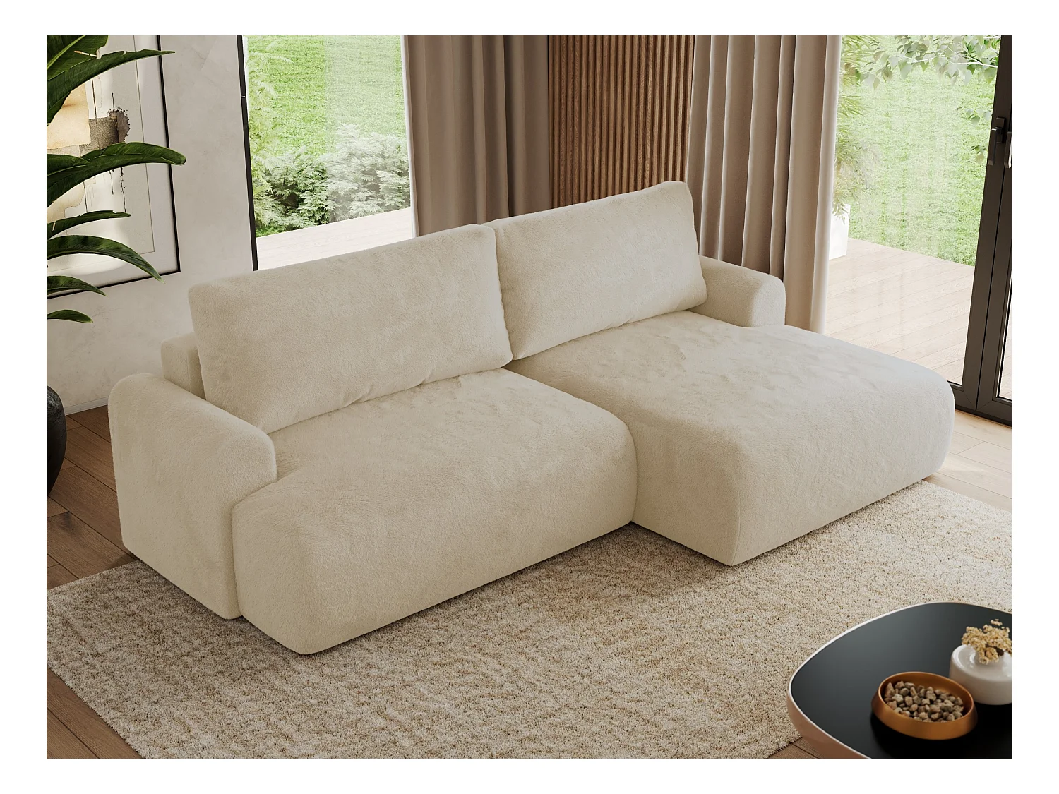 Ecksofa TONO - mit Schlaffunktion und Bettkasten, L-form Ecke, Armlehnen - Creme Plüsch - Ecke Rechts
