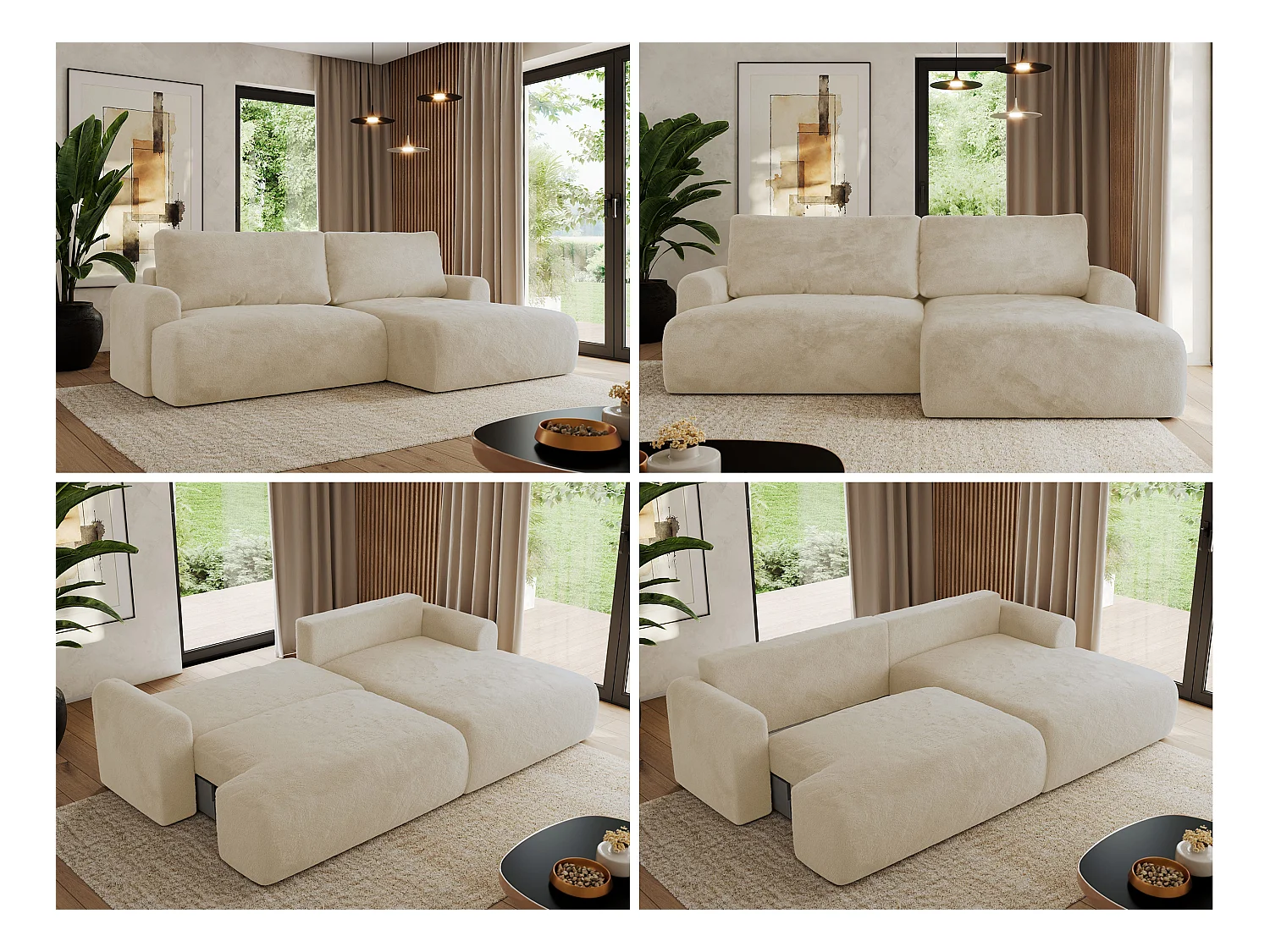 Ecksofa TONO - mit Schlaffunktion und Bettkasten, L-form Ecke, Armlehnen - Creme Plüsch - Ecke Rechts