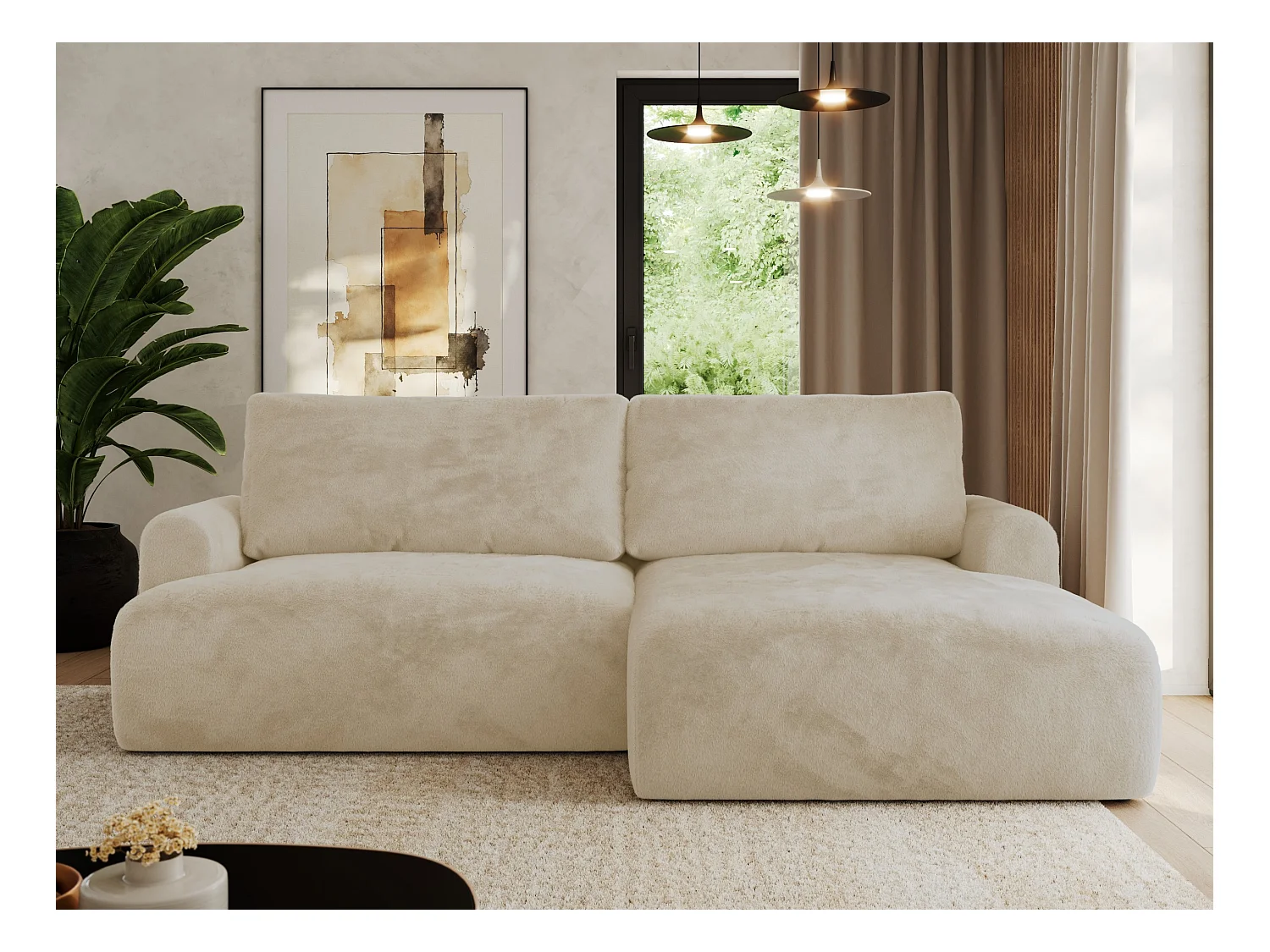 Ecksofa TONO - mit Schlaffunktion und Bettkasten, L-form Ecke, Armlehnen - Creme Plüsch - Ecke Rechts