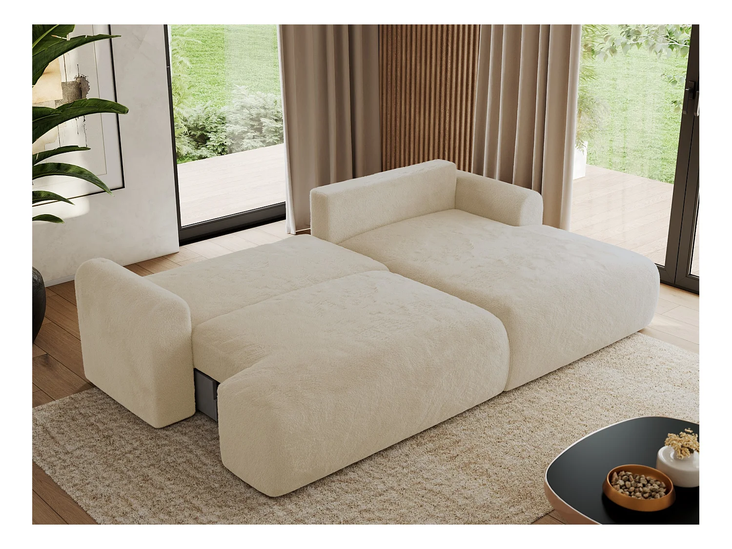 Ecksofa TONO - mit Schlaffunktion und Bettkasten, L-form Ecke, Armlehnen - Creme Plüsch - Ecke Rechts