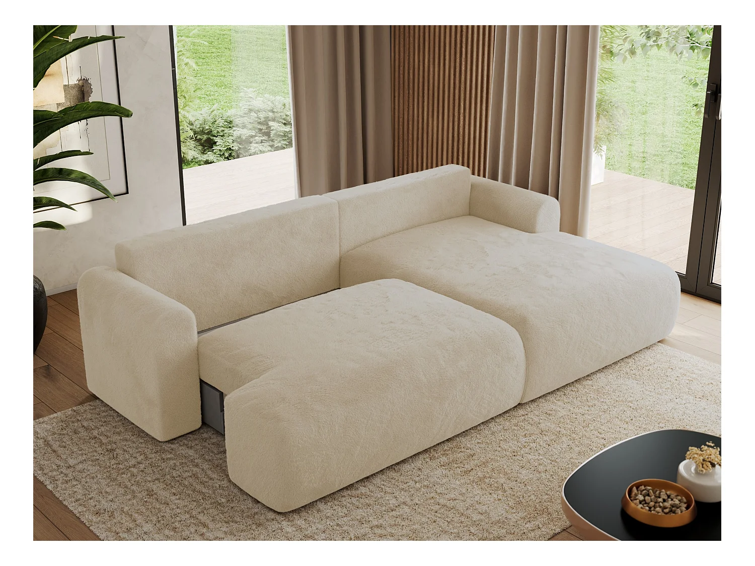 Ecksofa TONO - mit Schlaffunktion und Bettkasten, L-form Ecke, Armlehnen - Creme Plüsch - Ecke Rechts