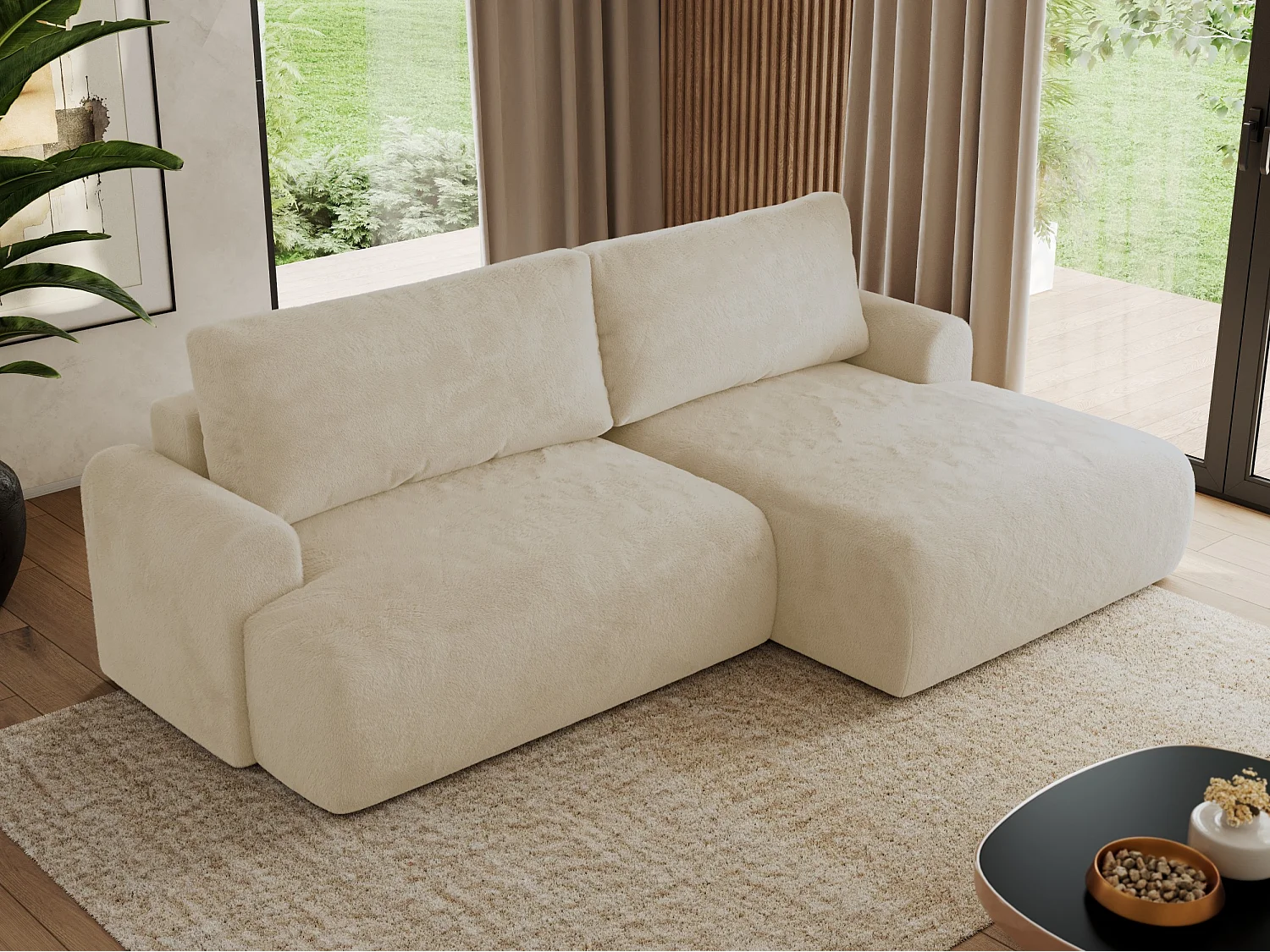 Ecksofa TONO - mit Schlaffunktion und Bettkasten, L-form Ecke, Armlehnen - Creme Plüsch - Ecke Rechts