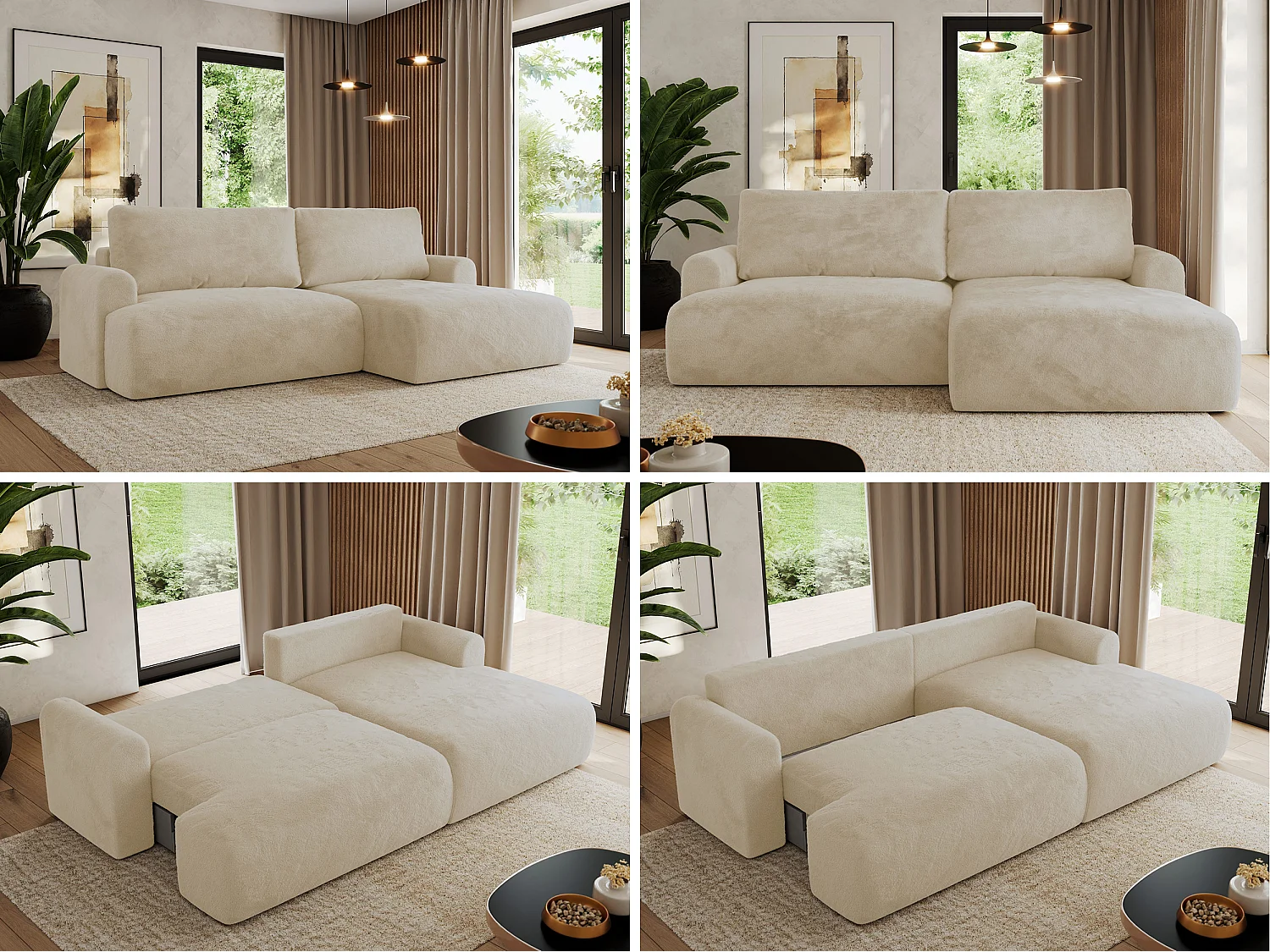 Ecksofa TONO - mit Schlaffunktion und Bettkasten, L-form Ecke, Armlehnen - Creme Plüsch - Ecke Rechts