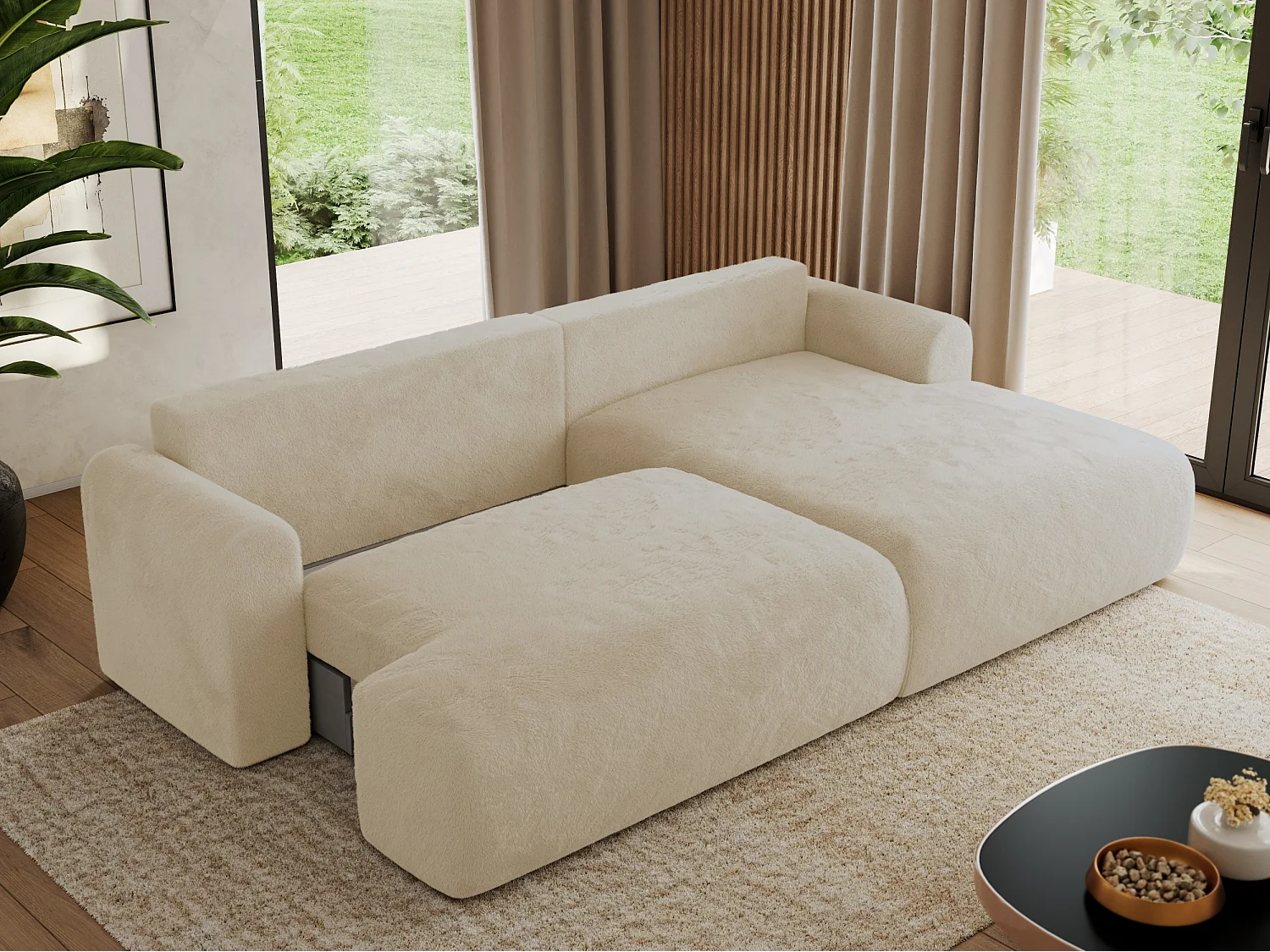 Ecksofa TONO - mit Schlaffunktion und Bettkasten, L-form Ecke, Armlehnen - Creme Plüsch - Ecke Rechts