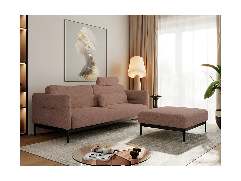 Ecksofa SALENTO - mit Metallbeine, Schlafsofa, mobilen Fußhocker, lose Kissen - Rosa Boucle
