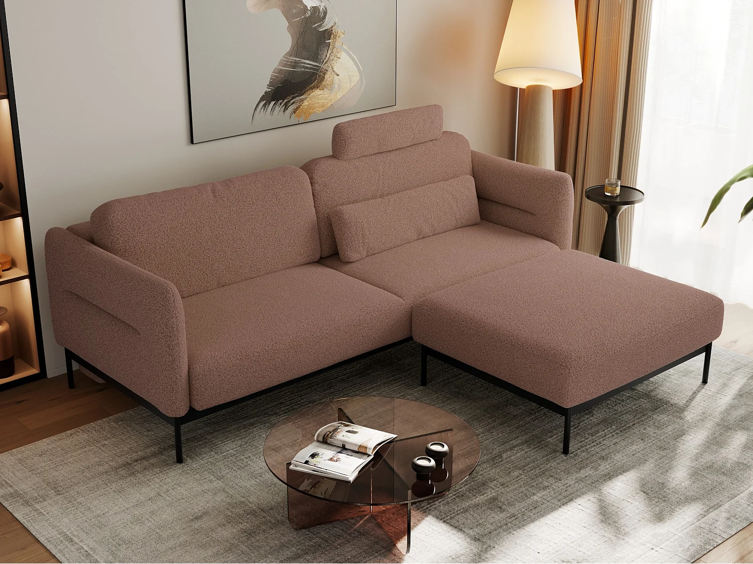 Ecksofa SALENTO - mit Metallbeine, Schlafsofa, mobilen Fußhocker, lose Kissen - Rosa Boucle