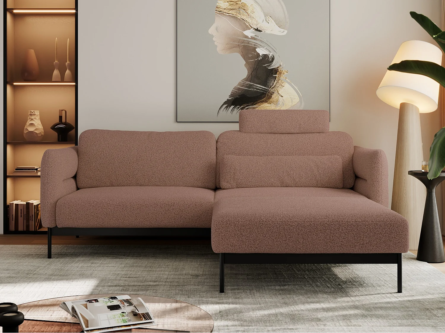 Ecksofa SALENTO - mit Metallbeine, Schlafsofa, mobilen Fußhocker, lose Kissen - Rosa Boucle