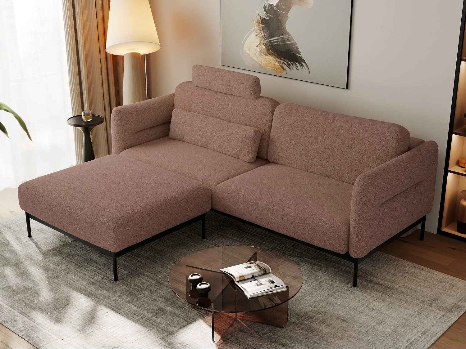 Ecksofa SALENTO - mit Metallbeine, Schlafsofa, mobilen Fußhocker, lose Kissen - Rosa Boucle