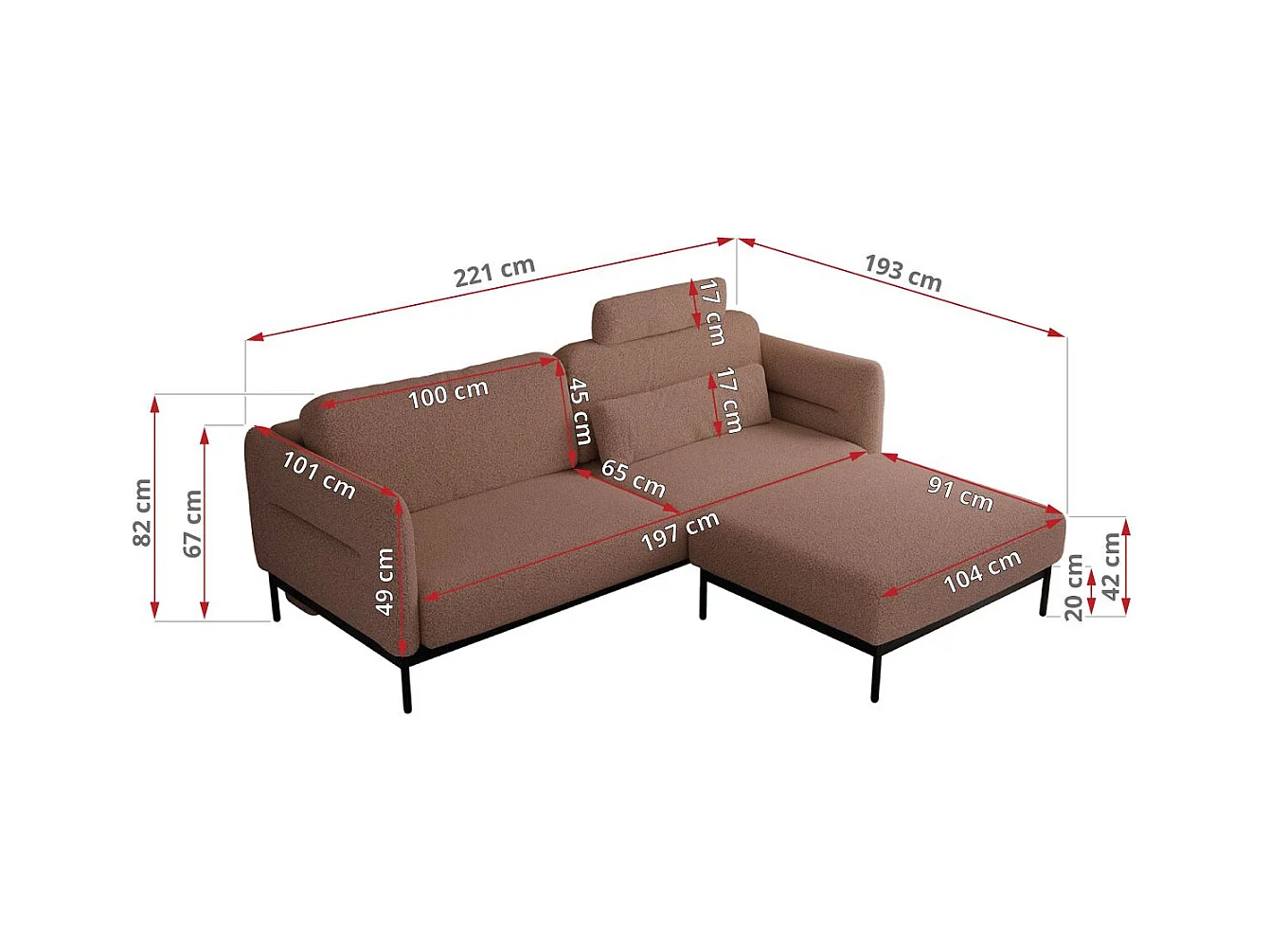Ecksofa SALENTO - mit Metallbeine, Schlafsofa, mobilen Fußhocker, lose Kissen - Rosa Boucle