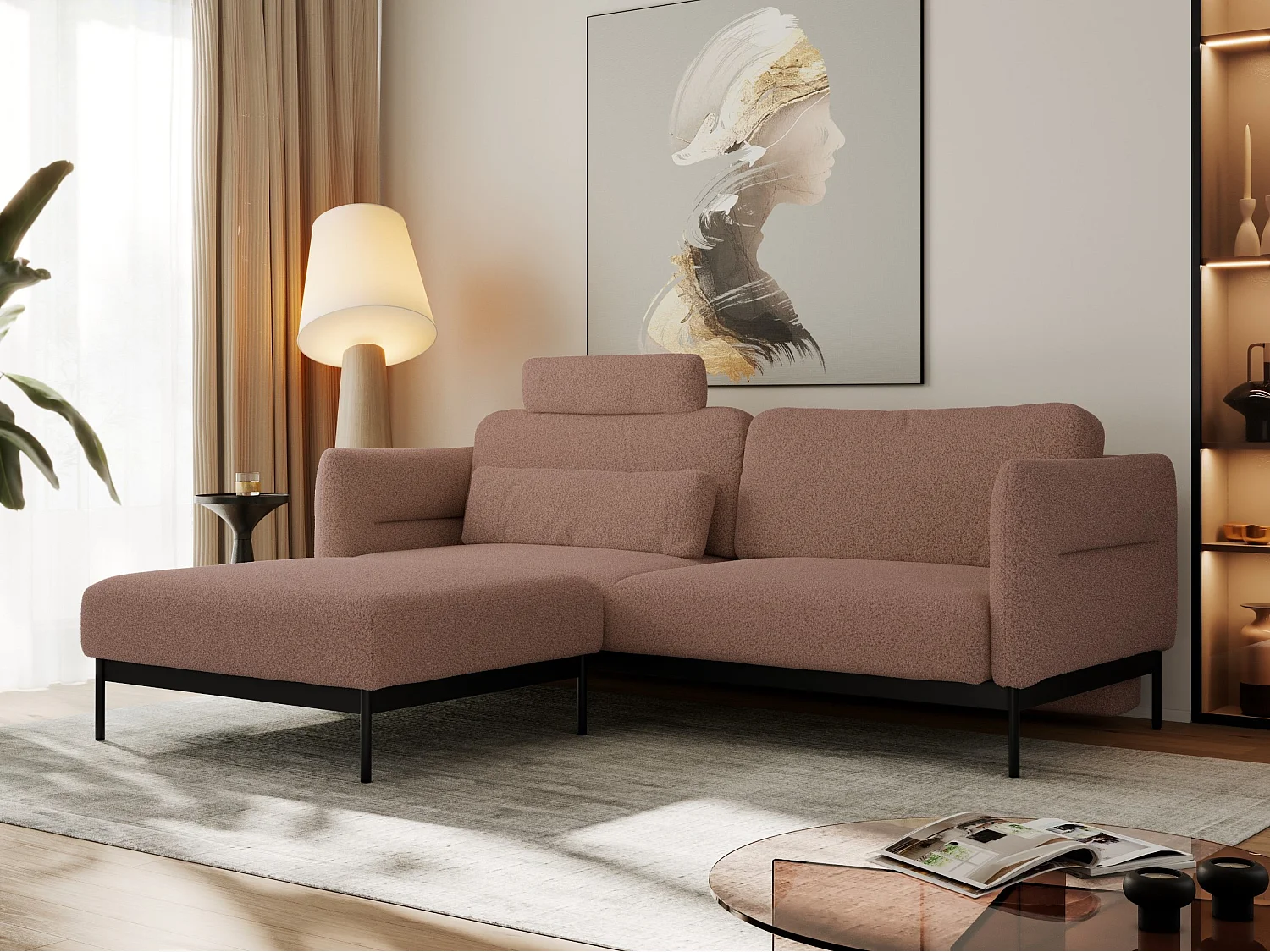 Ecksofa SALENTO - mit Metallbeine, Schlafsofa, mobilen Fußhocker, lose Kissen - Rosa Boucle