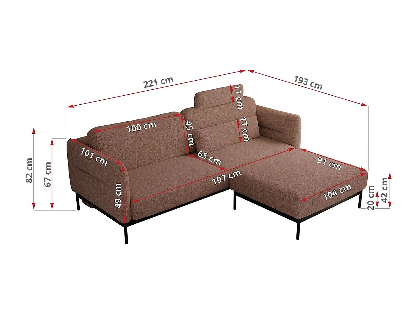 Ecksofa SALENTO - mit Metallbeine, Schlafsofa, mobilen Fußhocker, lose Kissen - Rosa Boucle