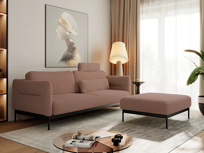 Ecksofa SALENTO - mit Metallbeine, Schlafsofa, mobilen Fußhocker, lose Kissen - Rosa Boucle